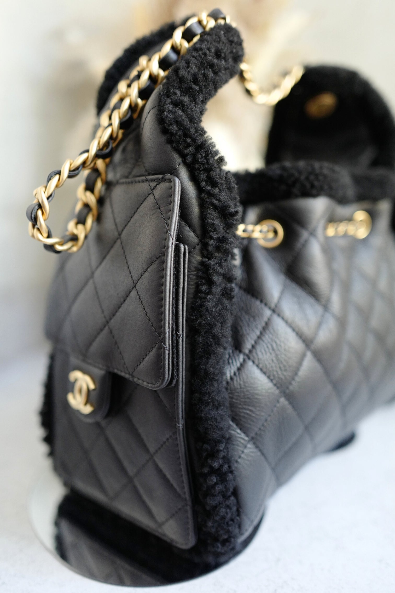 Chanel 25K Small Hobo Bag in Black Shearling and Calfskin Leather Gold Hardware