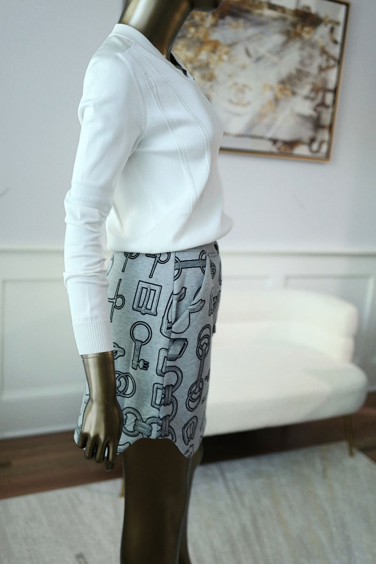 Hermes "Cahier du Colporteur" Cotton Mini Skirt Gris Byzantin Size 36
