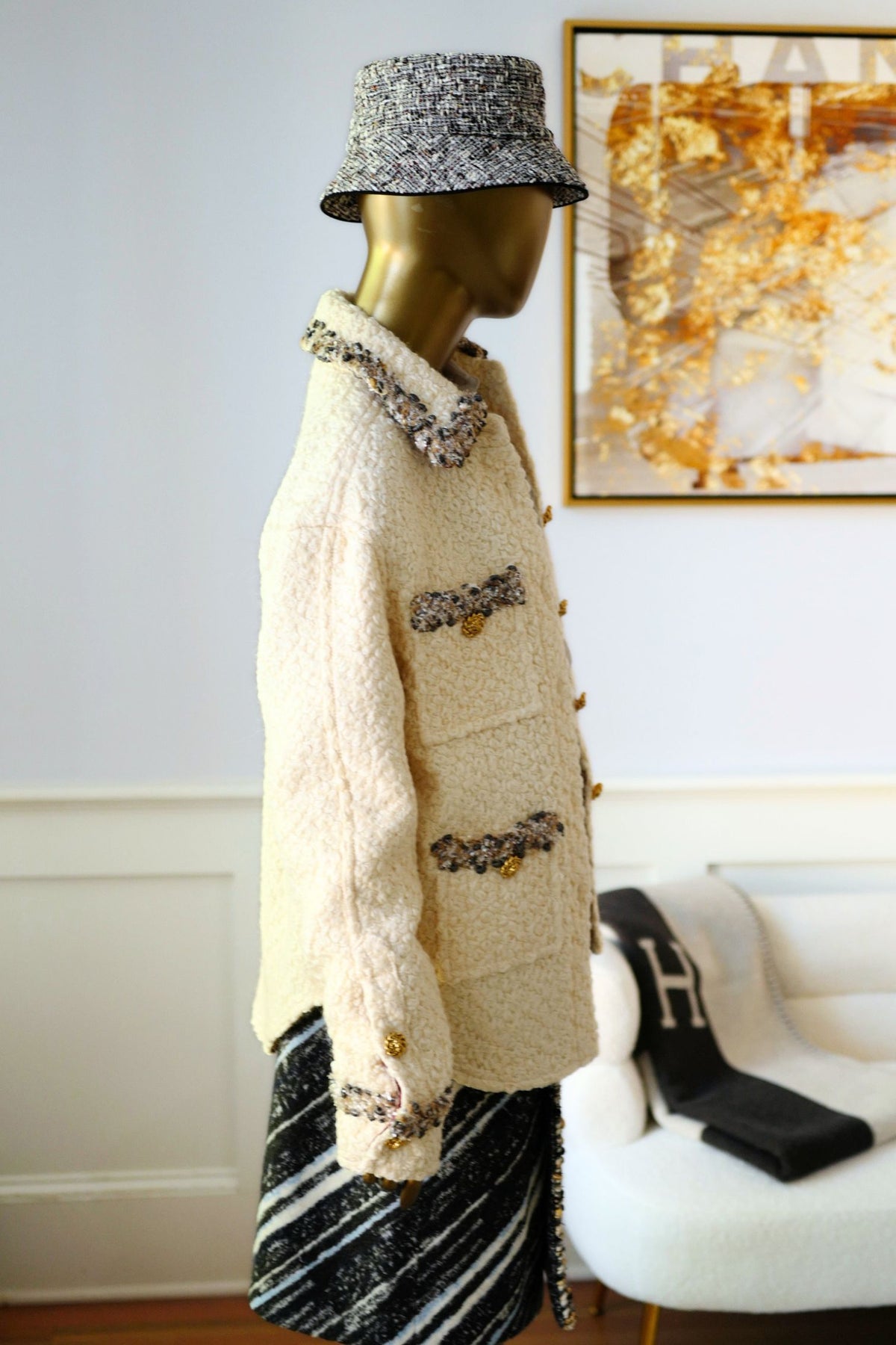 NEW Chanel 26K Oversized Jacket Wool String with Silk Lining Beige Size 36