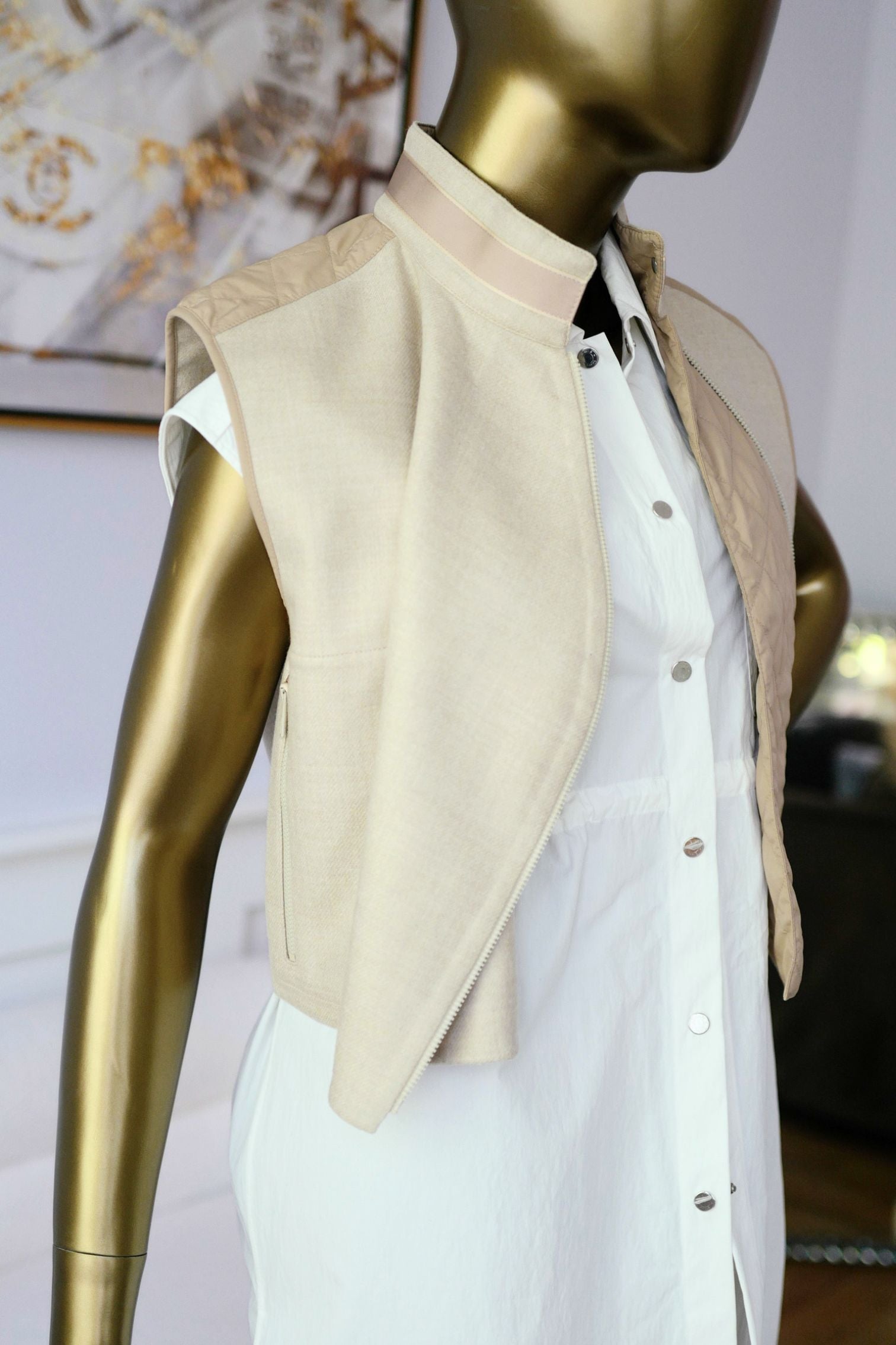 Hermès Blouson Sans Manches Mix Matière Blanc Marbre Wool Size 36
