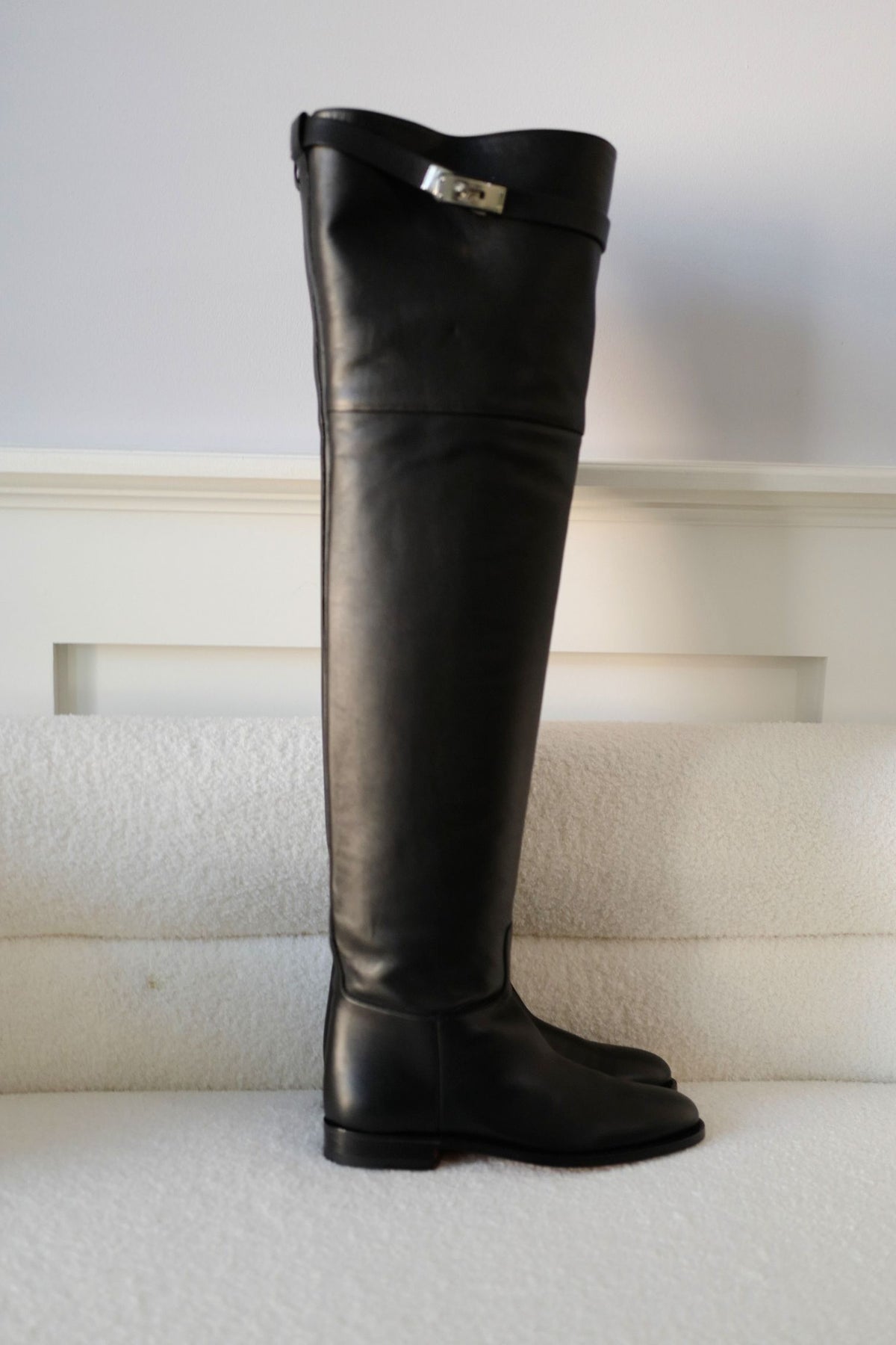 Hermes Thigh High Boots Noir Calfskin Palladium Kelly Buckle Size 38