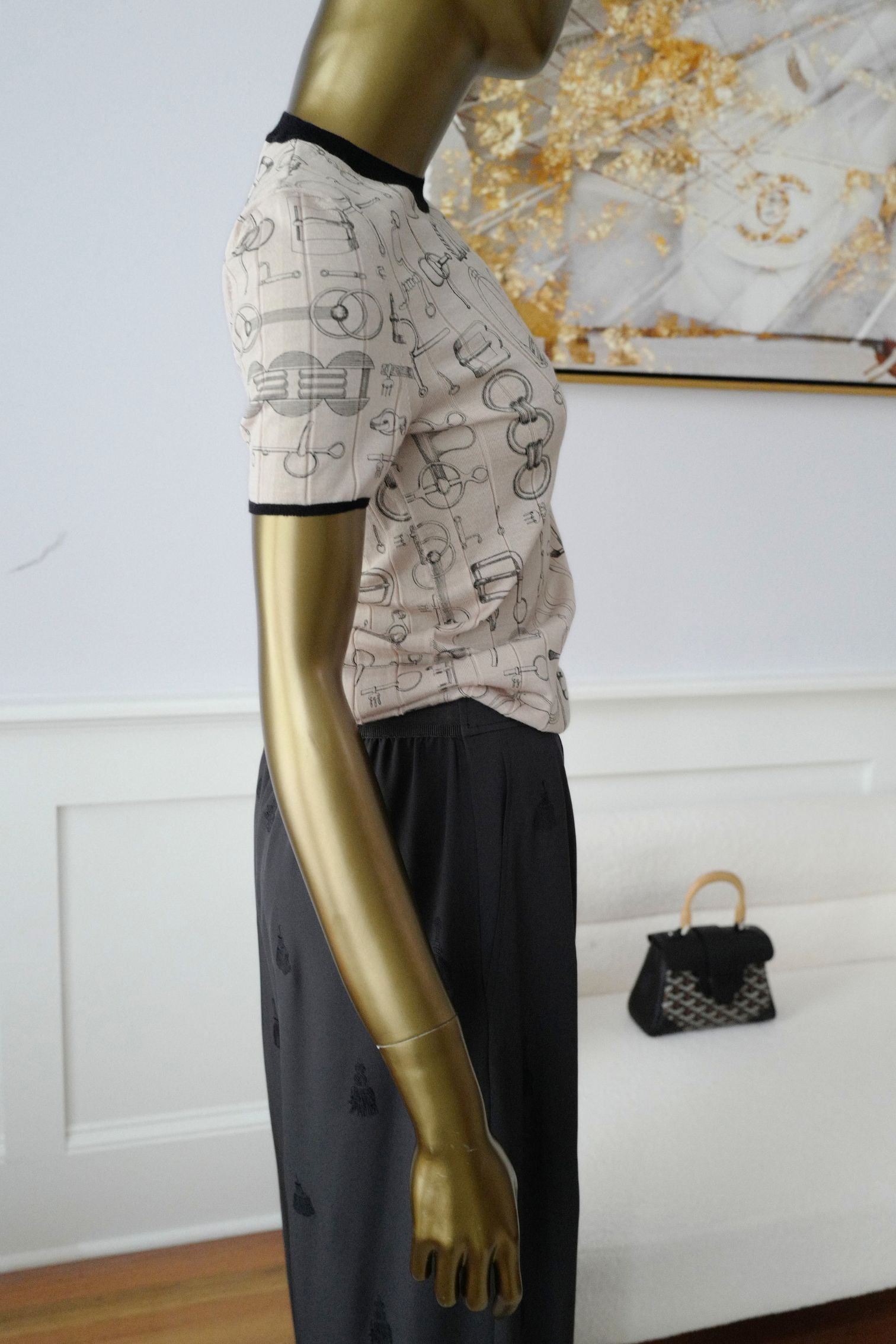 Hermès Short Sleeve Sweater "Cahier du Colporteur" Beige Cashmere Silk Size 36