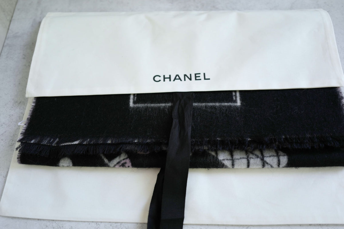 NEW Chanel 25B Black White Wool & Silk Scarf with Pearl Decoration