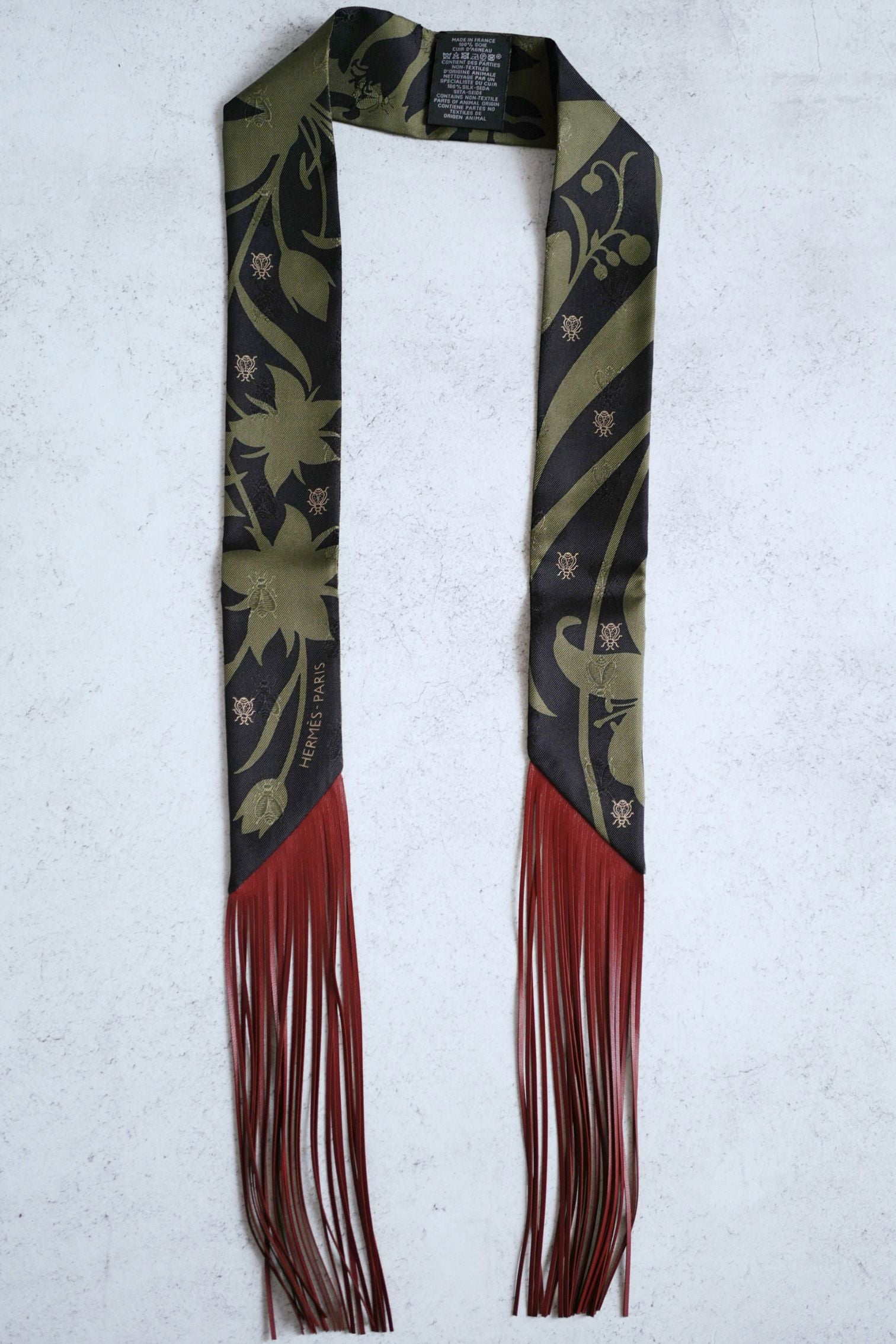 Hermès Twilly Bouquet Final Silk Noir/Vert Loden/Rouge H with Leather Fringe