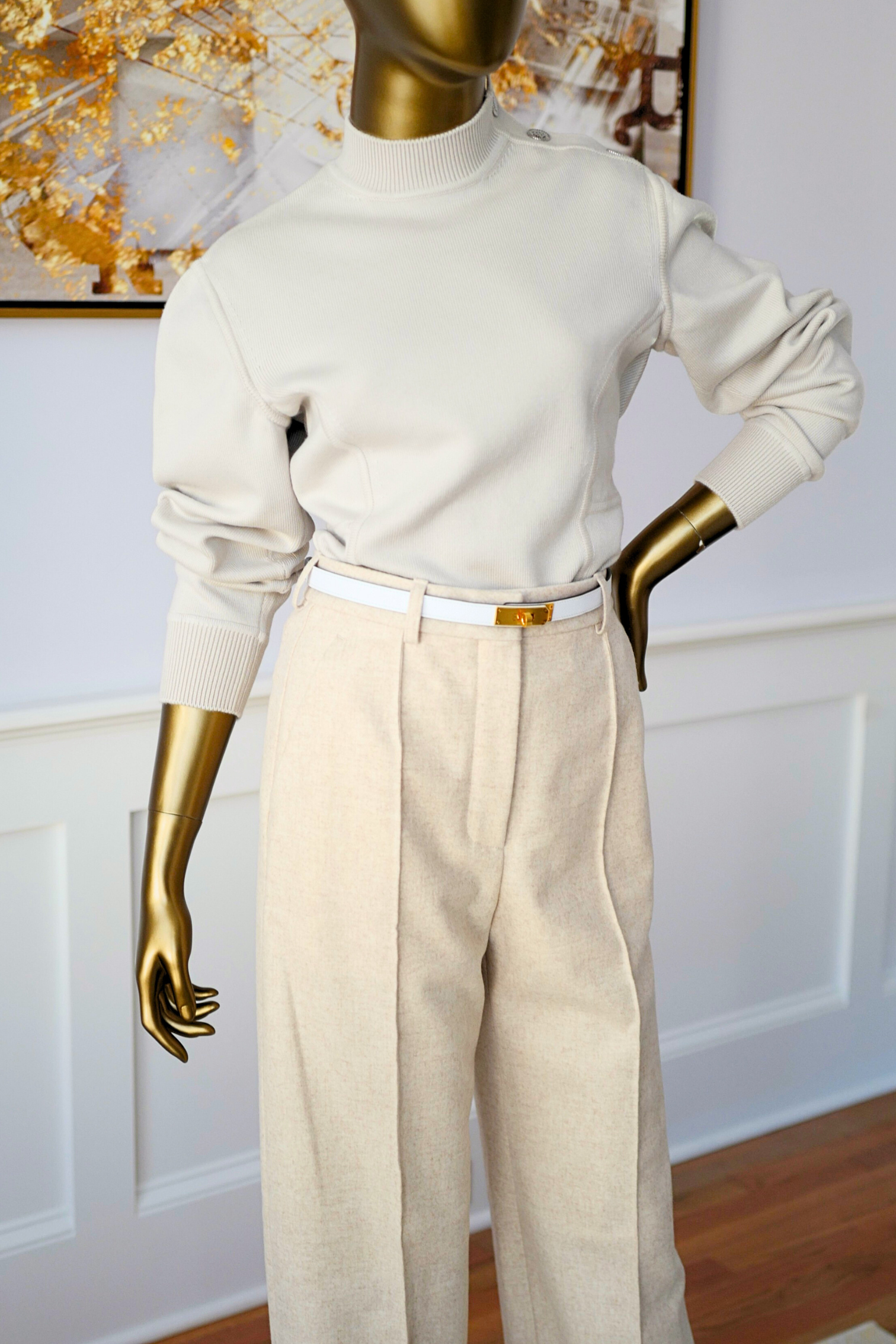 Hermès Sweater with Ferronnerie Button Details Jewel Knit Mock Neck Size 36 Beige Sable