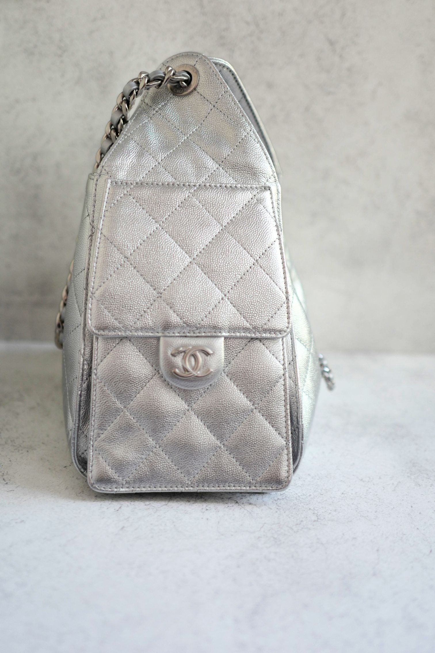 Chanel 26C Small Hobo Silver Metallic Grained Calfskin Silver Hardware