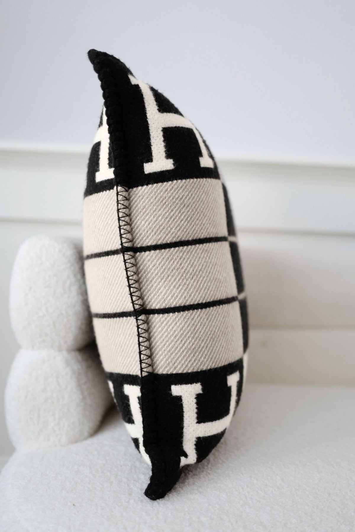 New Hermes Avalon III Jacquard Cushion Petit Modele Wool Cashmere Ecru Noir