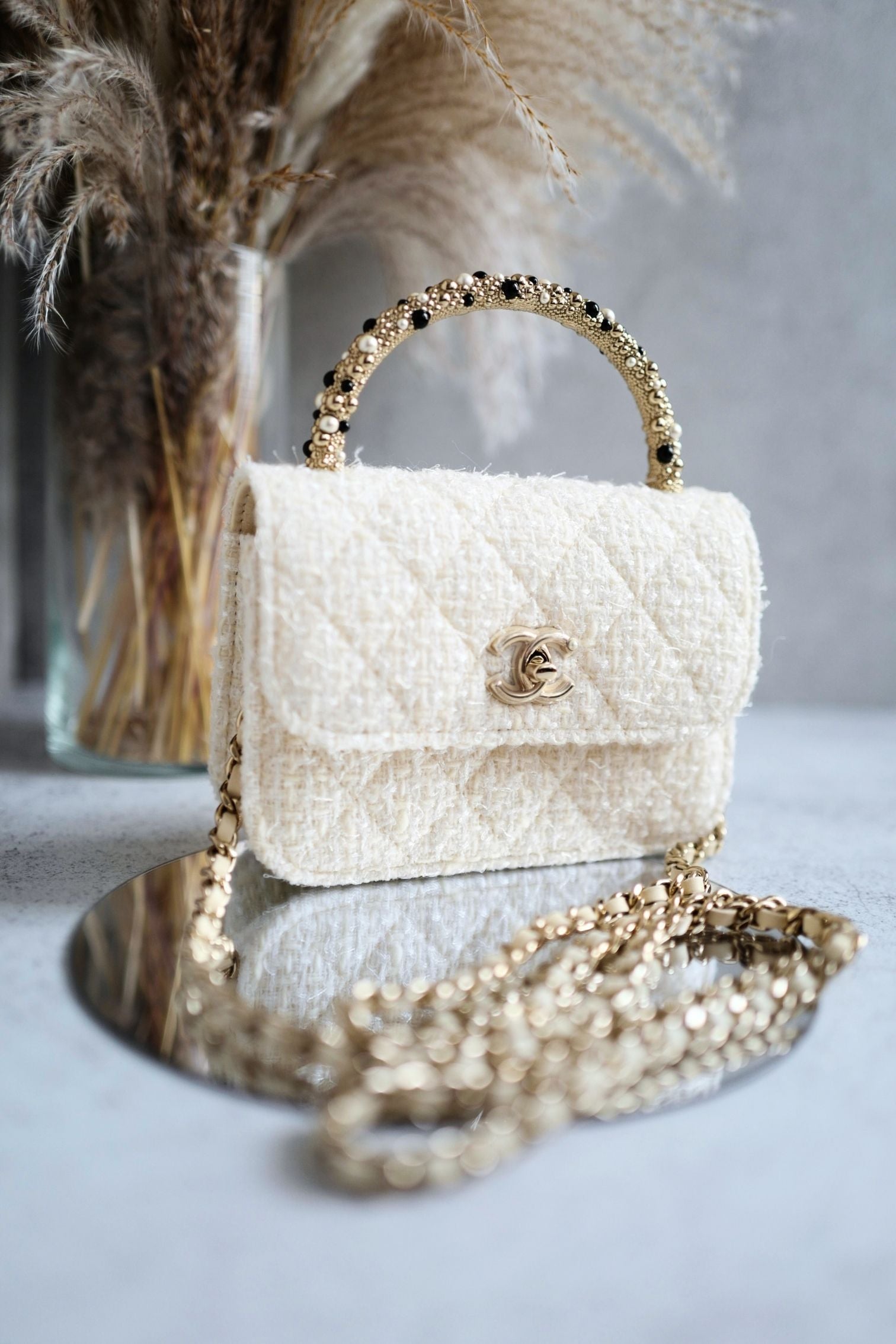 CHANEL 26C Top Handle Clutch With Chain in Tweed Pearl Ecru White Gold Hardware