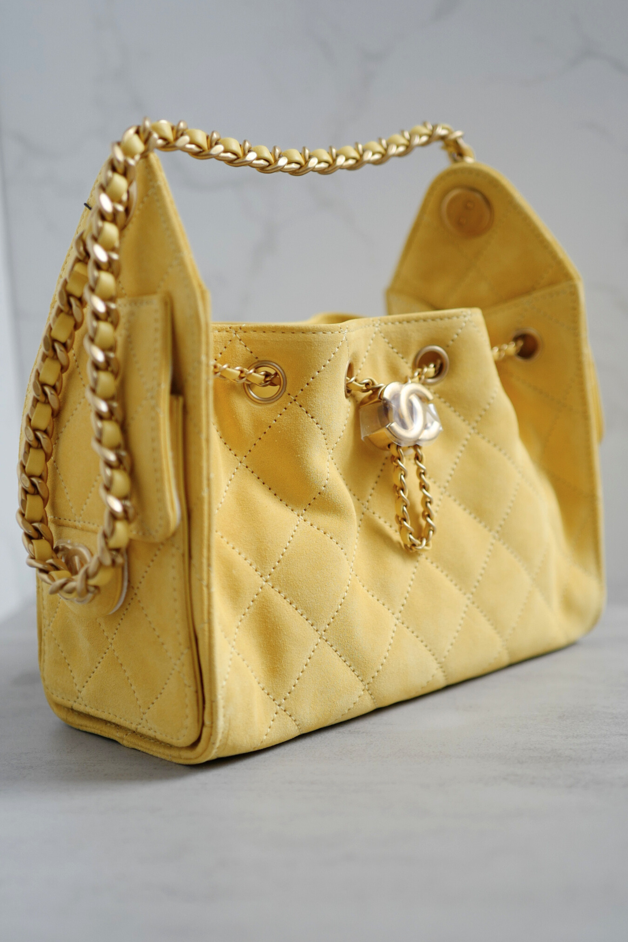 NEW Chanel 26C Mini Hobo Shoulder Bag in Yellow Suede with Gold Hardware