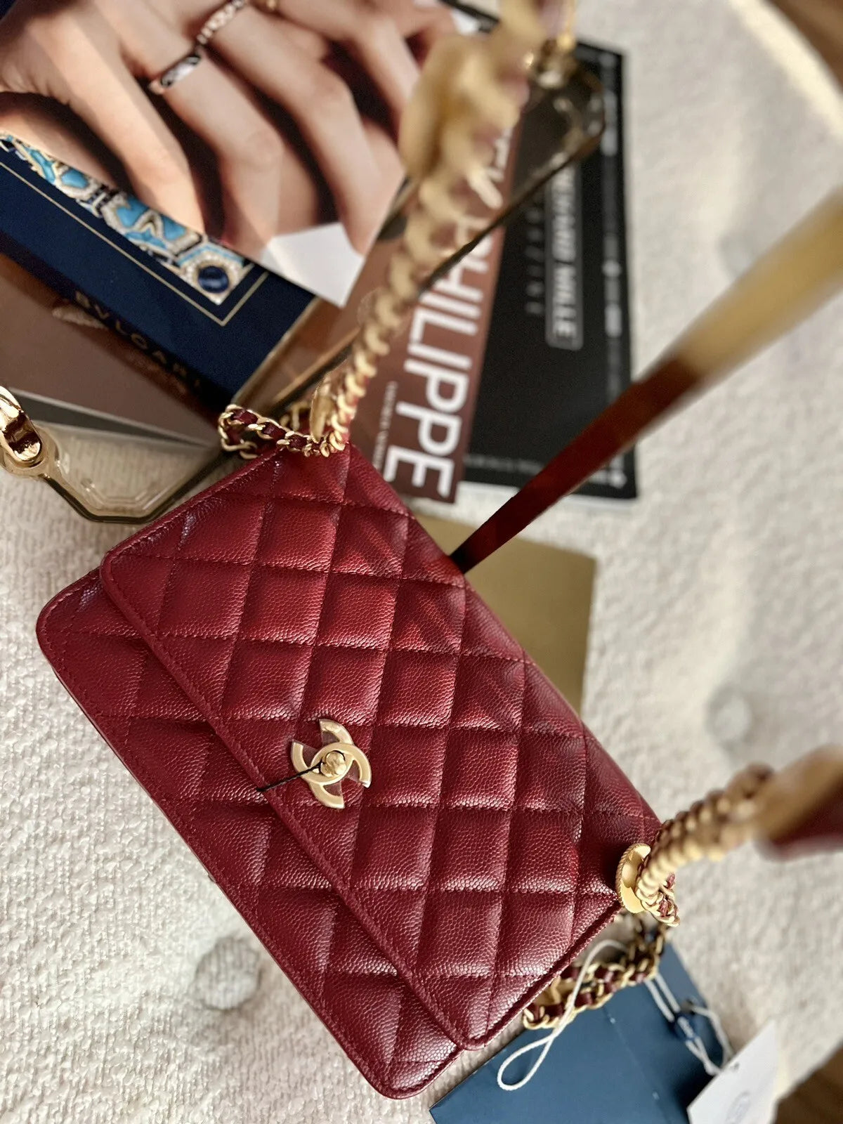 Chanel Wallet on Chain Metier D’art Shiny Calfskin Caviar In Burgundy Gold HW