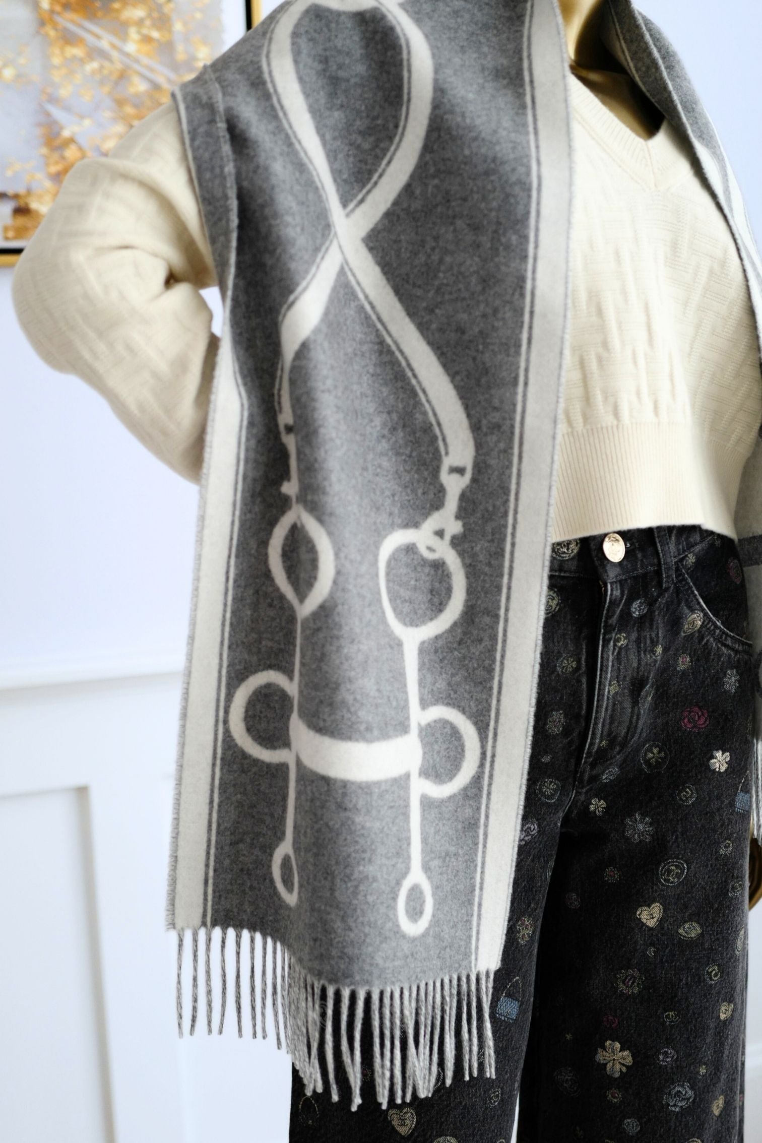 Hermès Casaque Mors Cashmere Scarf in Ivoire Gris Flanelle