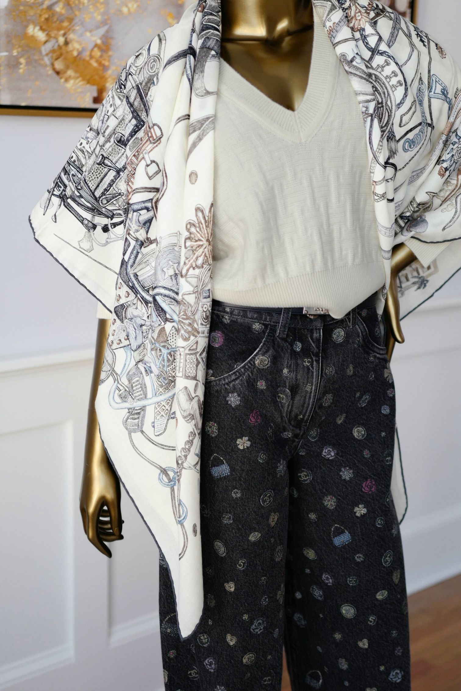 Hermès Le Monde d'Hermès Shawl 140 Cashmere Silk Scarf Blanc Ardoise Etoupe