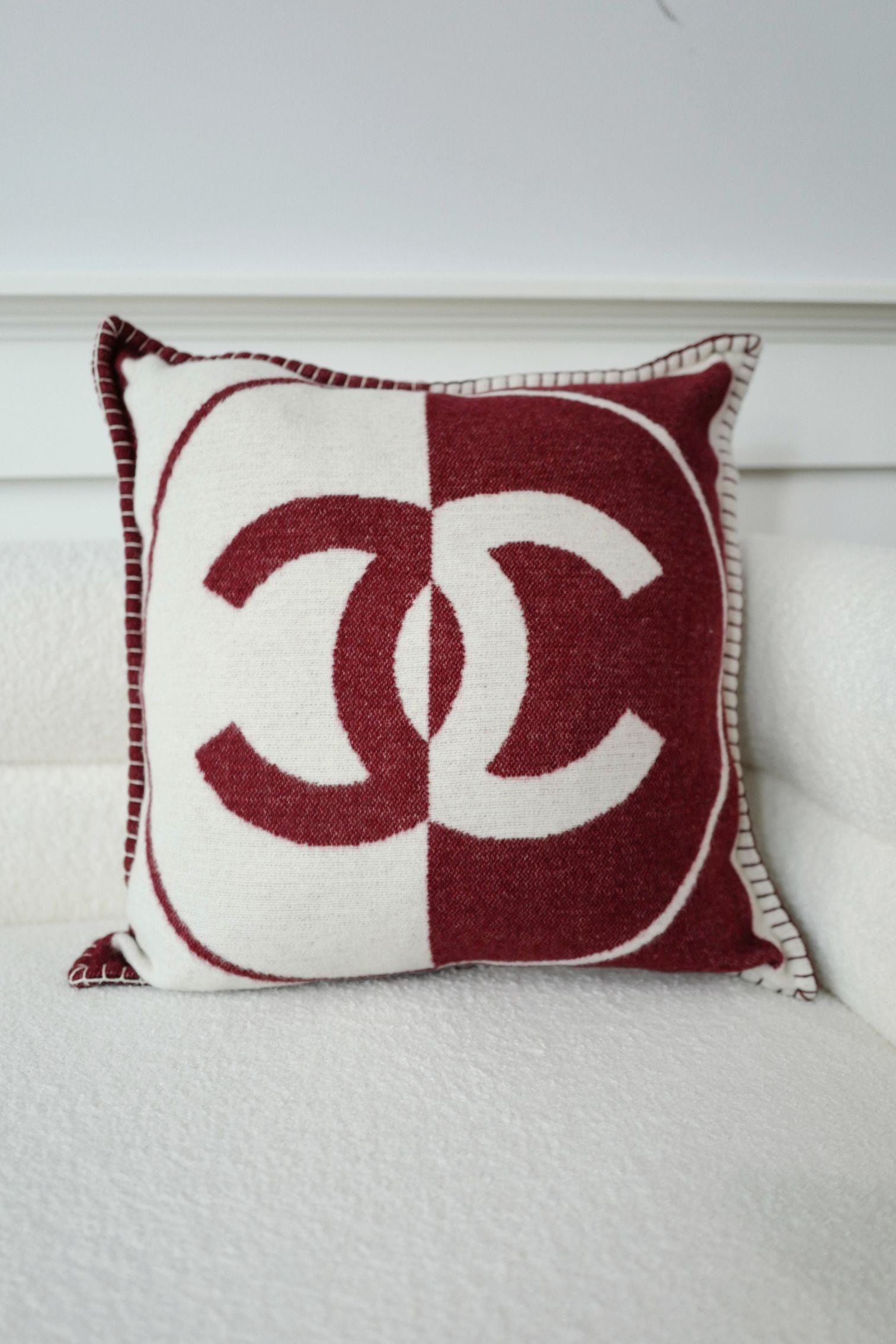 NEW Chanel CC Logo Pillow Burgundy White Wool Cashmere