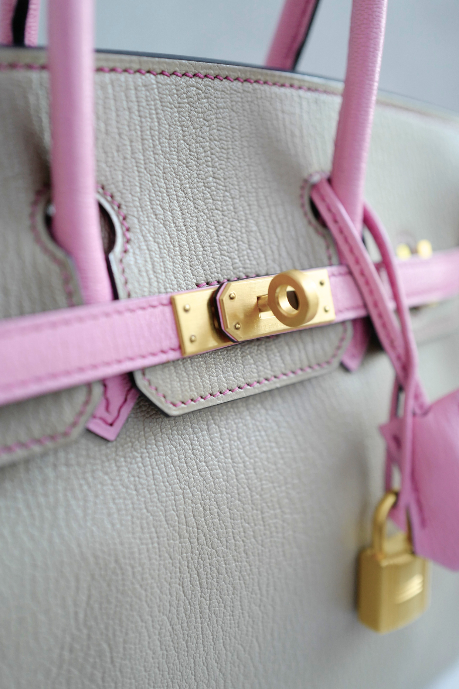 Hermes Birkin 25 HSS Gris Tortuelle / 5P Bubblegum Pink Chevre Brushed Gold HW