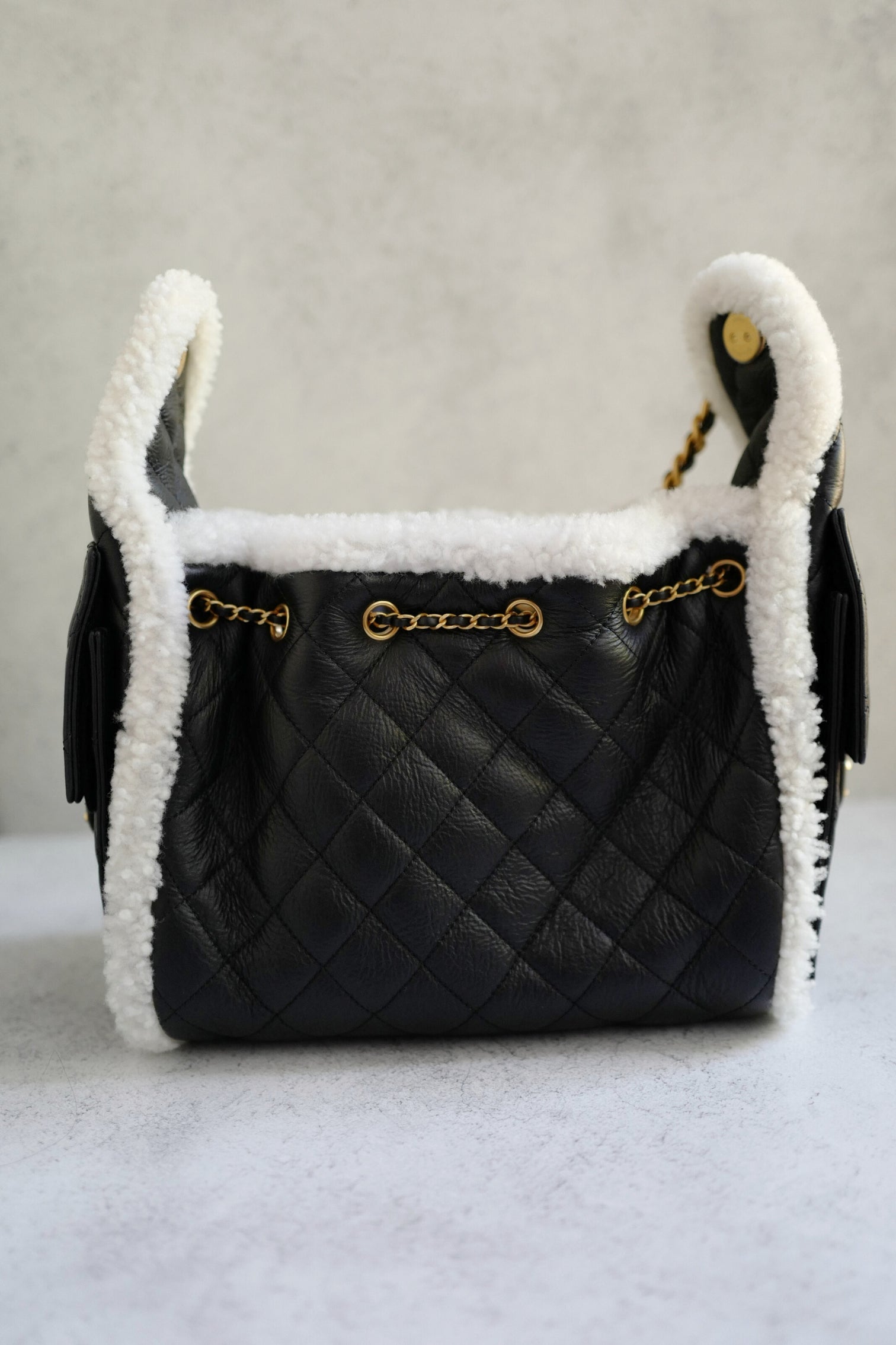 Chanel 25K Small Hobo Bag Black Calfskin with White Shearling Trim Gold Hardware