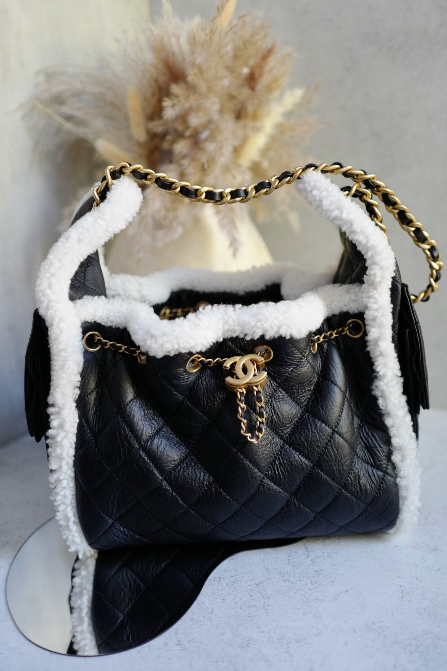 Chanel 25K Small Hobo Bag Black Calfskin with White Shearling Trim Gold Hardware