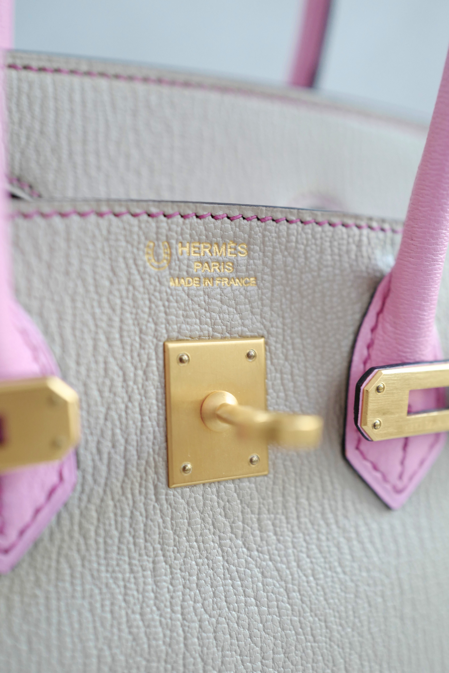Hermes Birkin 25 HSS Gris Tortuelle / 5P Bubblegum Pink Chevre Brushed Gold HW
