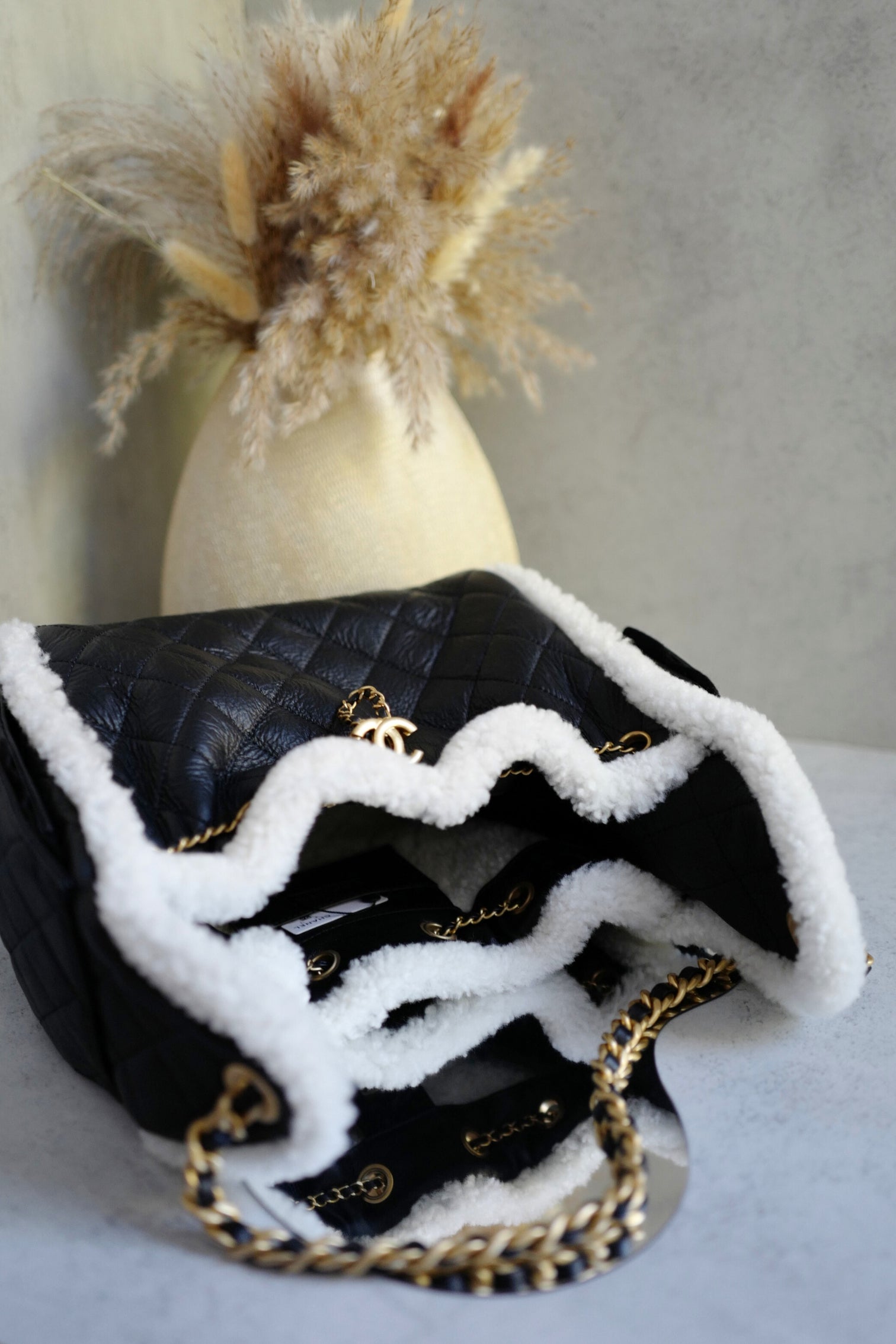 Chanel 25K Small Hobo Bag Black Calfskin with White Shearling Trim Gold Hardware