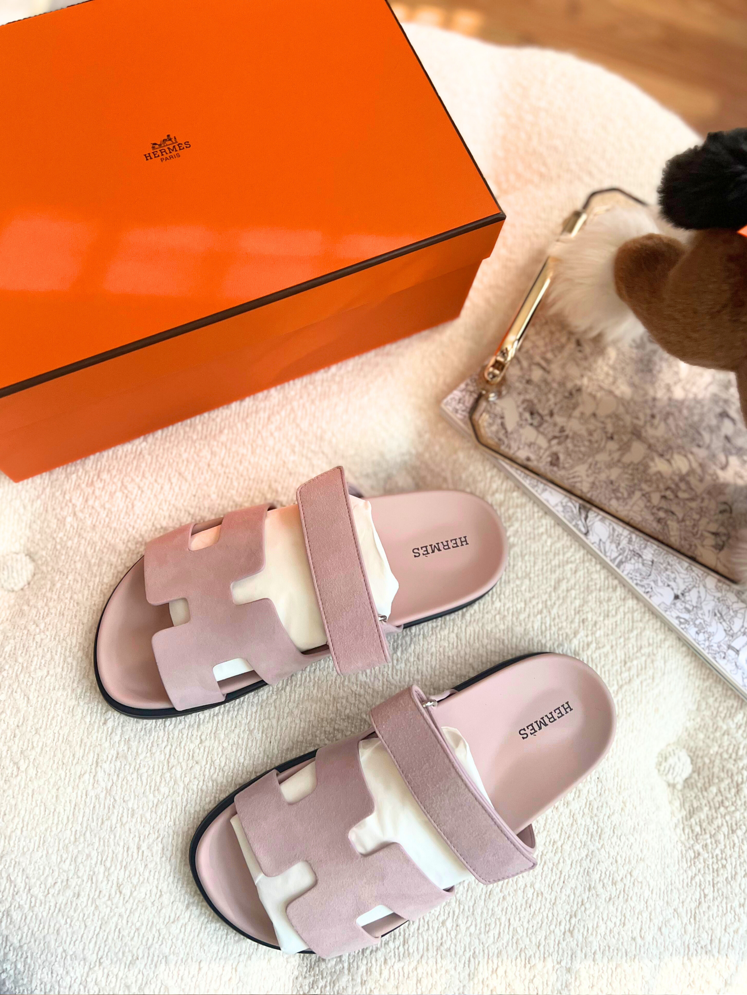 BNIB Hermes Womens Chypre sandal Rose Porcelaine 37.5