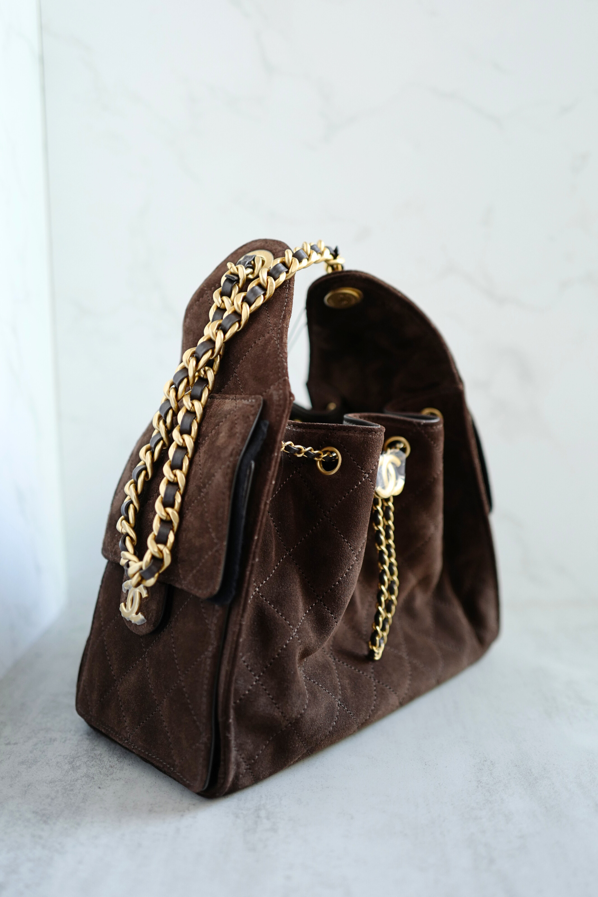 Chanel 25K Small Hobo Bag Dark Brown Suede with Gold Hardware