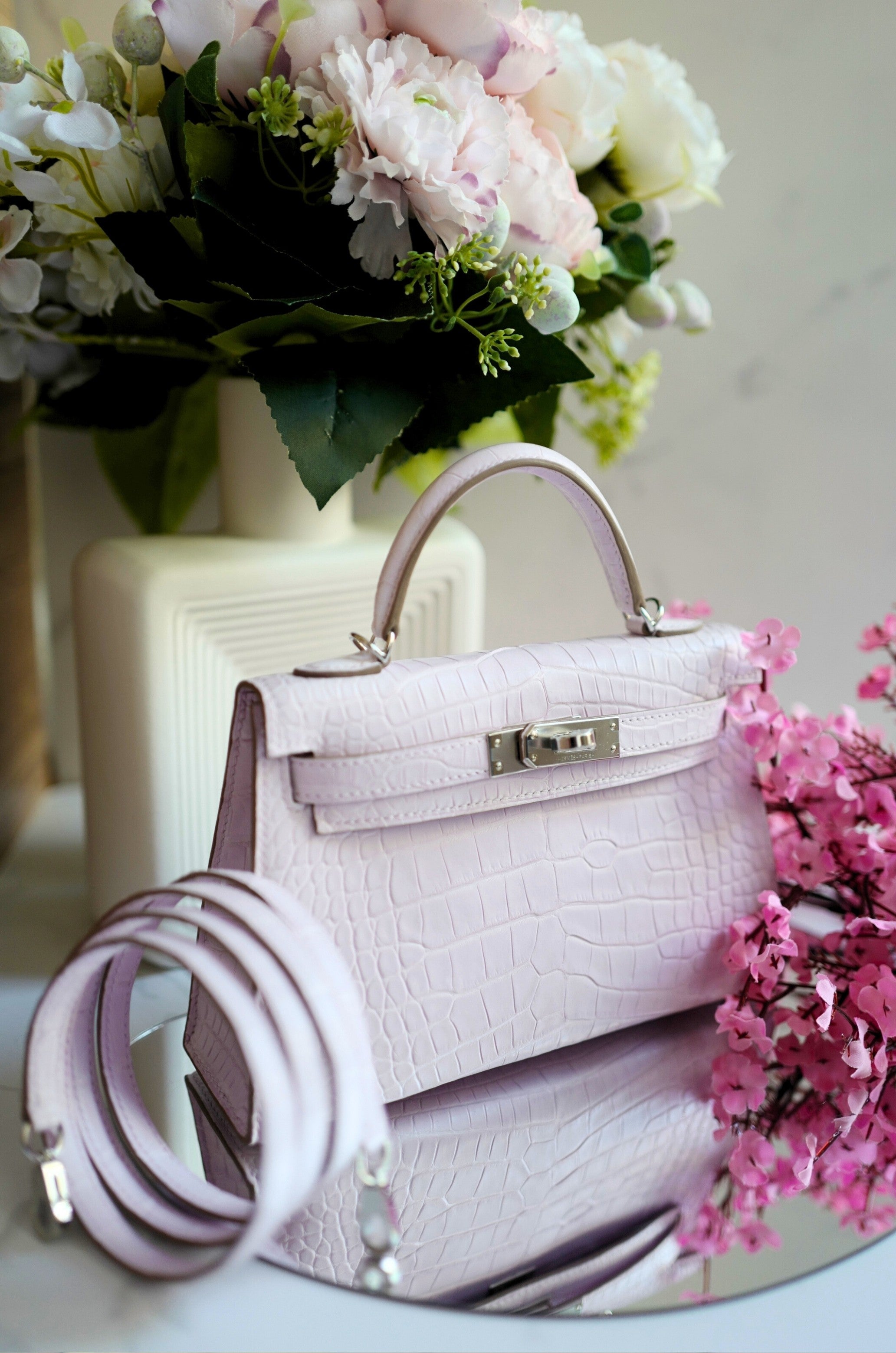 BNIB Hermès Mini Kelly 20 Mauve Pale Matte Alligator Palladium Hardware K Stamp 2025