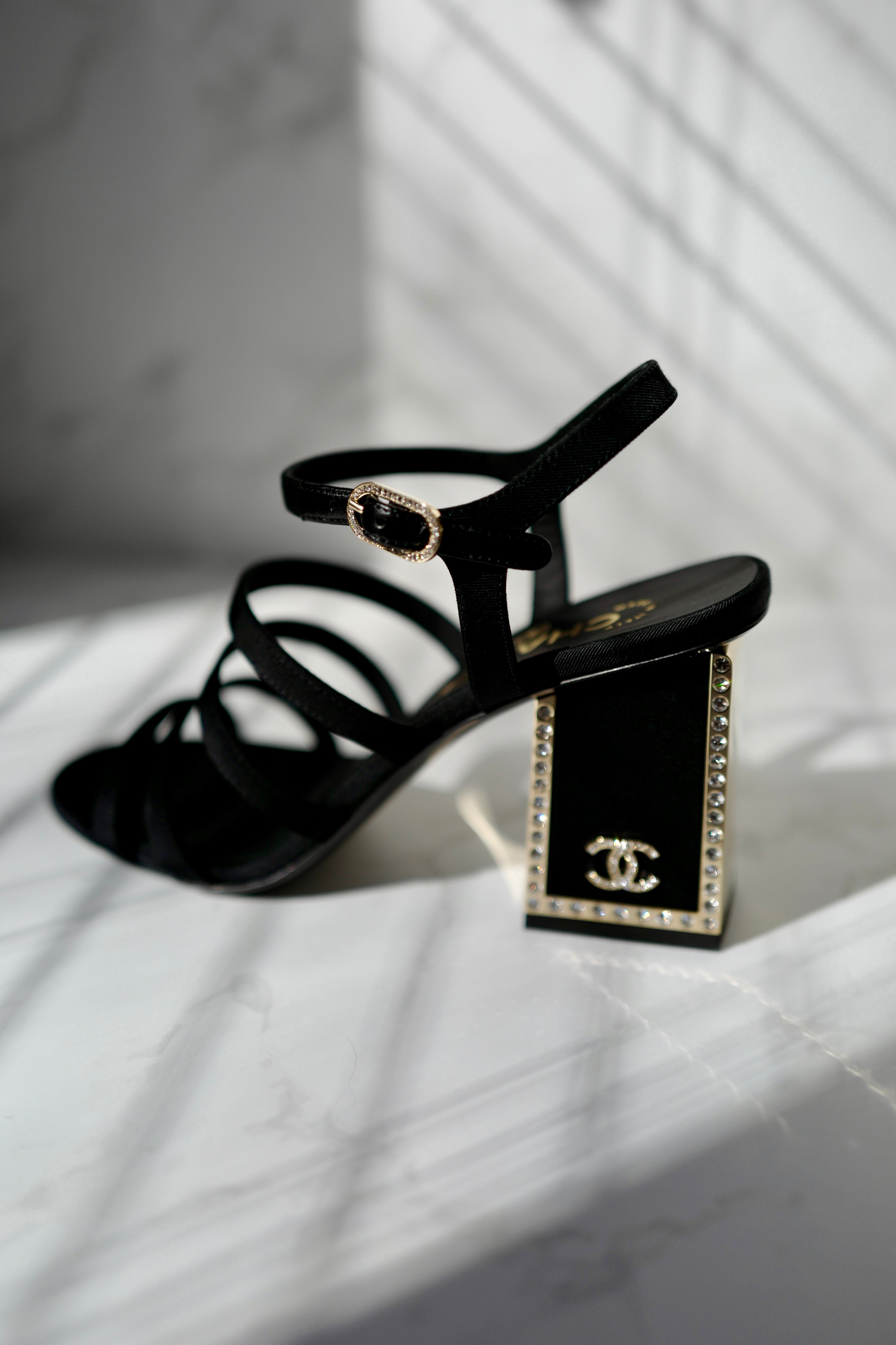 BNIB Chanel 24B Strappy Heels in Black with Crystals Rhinestone Heels size 38