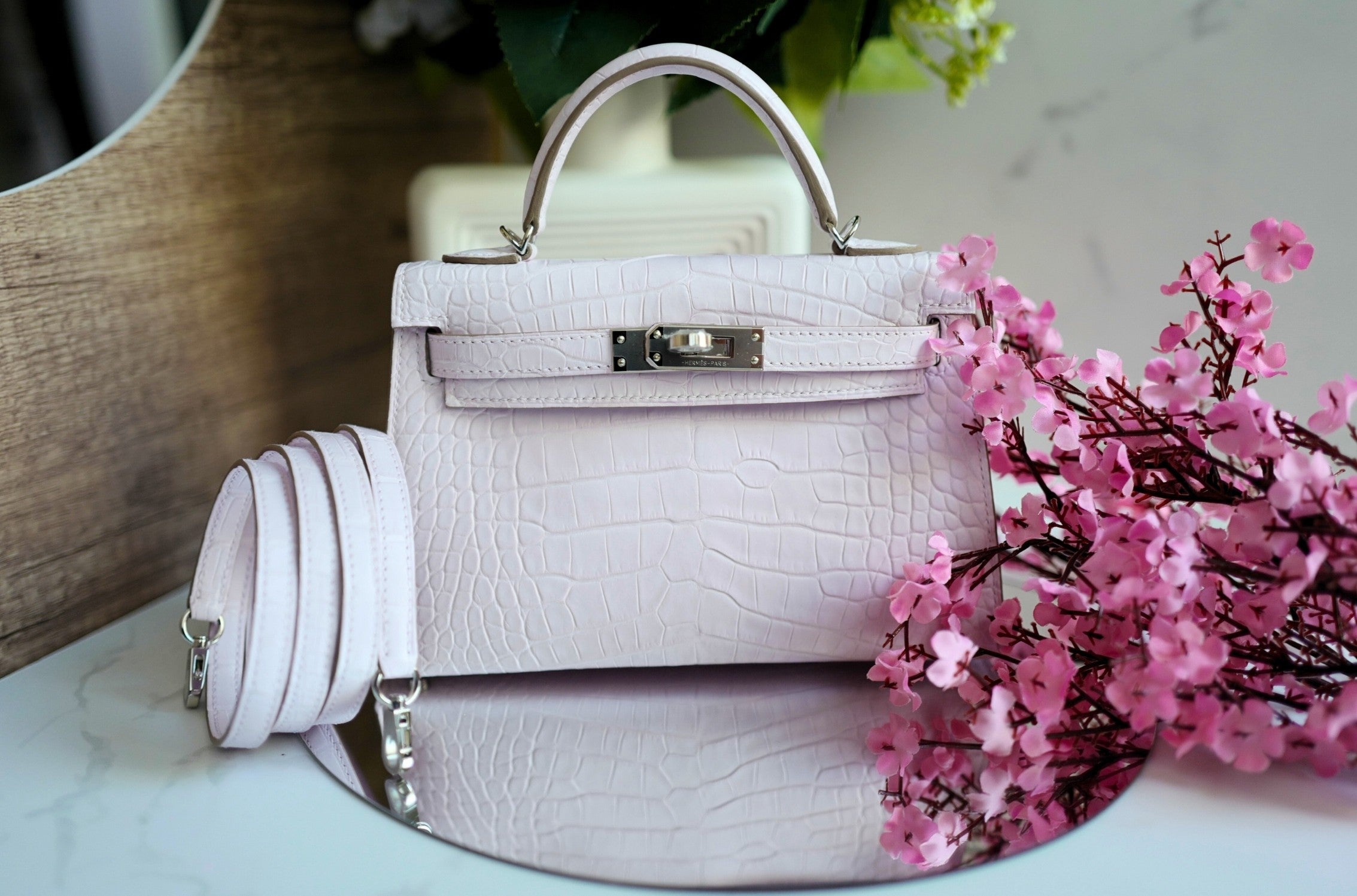 BNIB Hermès Mini Kelly 20 Mauve Pale Matte Alligator Palladium Hardware K Stamp 2025