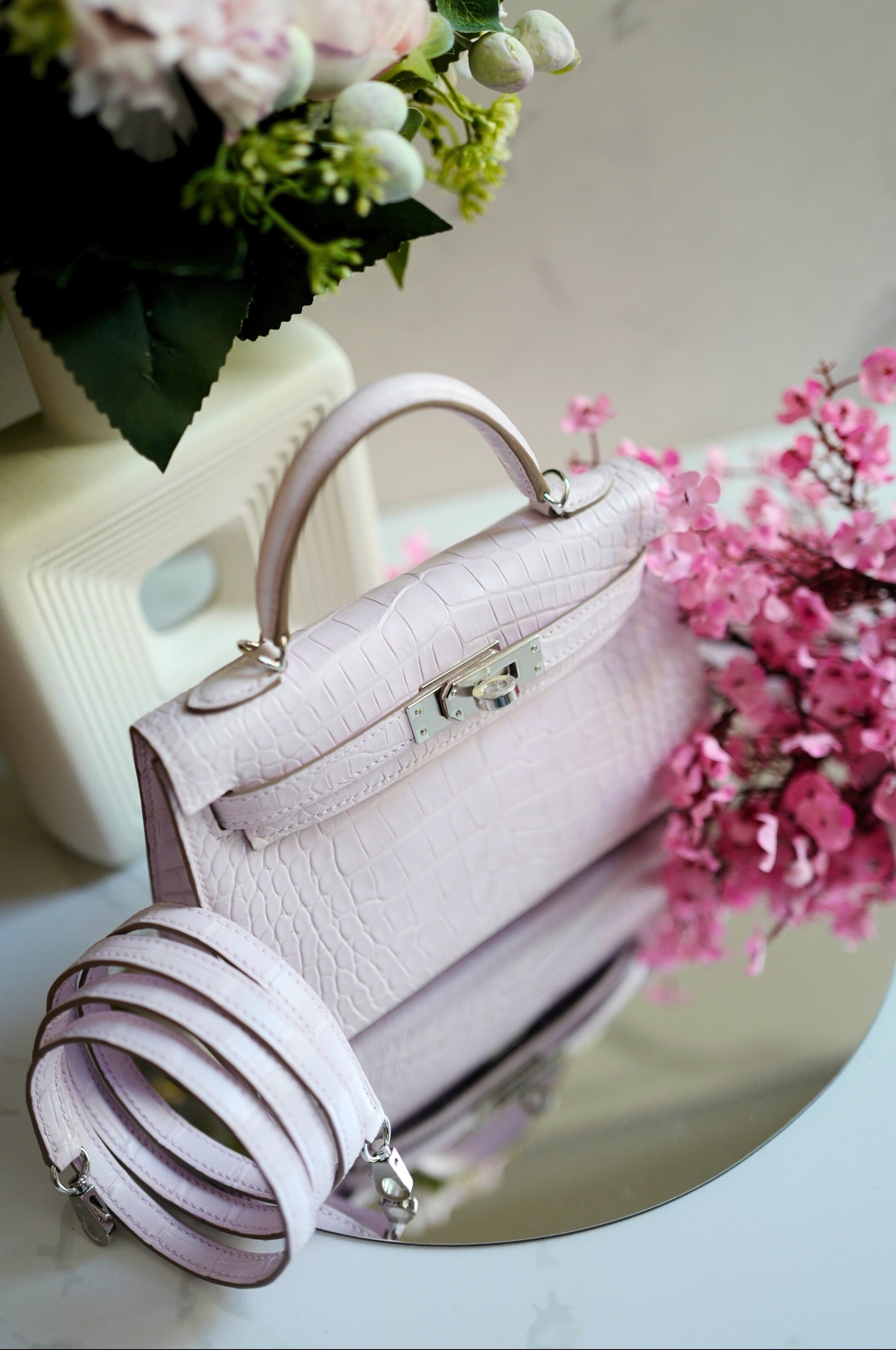 BNIB Hermès Mini Kelly 20 Mauve Pale Matte Alligator Palladium Hardware K Stamp 2025