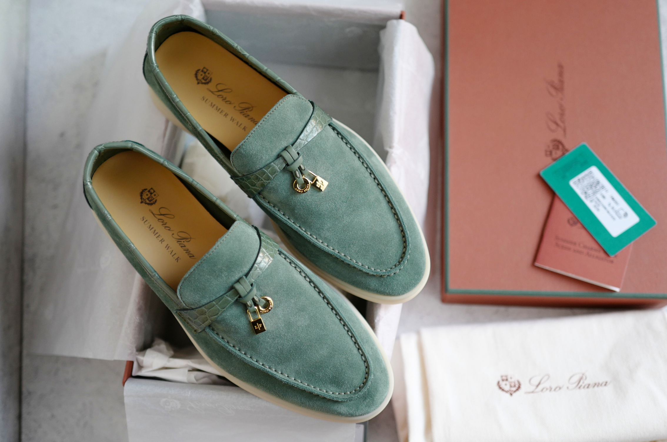 Loro Piana Summer Charms Walk Suede Loafers Green Lagoon Alligator Detail Size 36.5