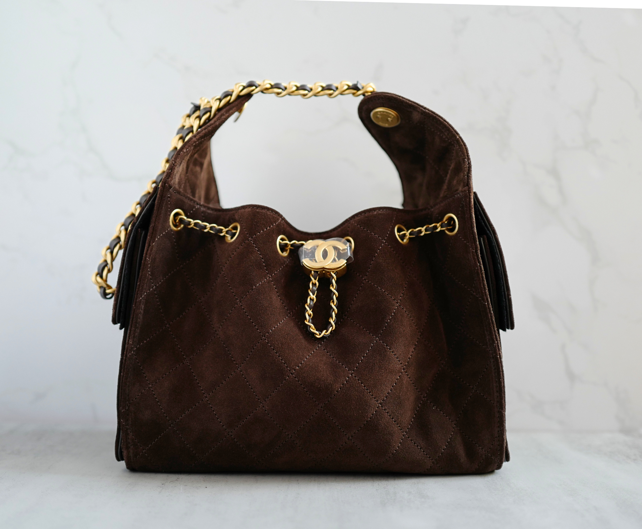 Chanel 25K Small Hobo Bag Dark Brown Suede with Gold Hardware