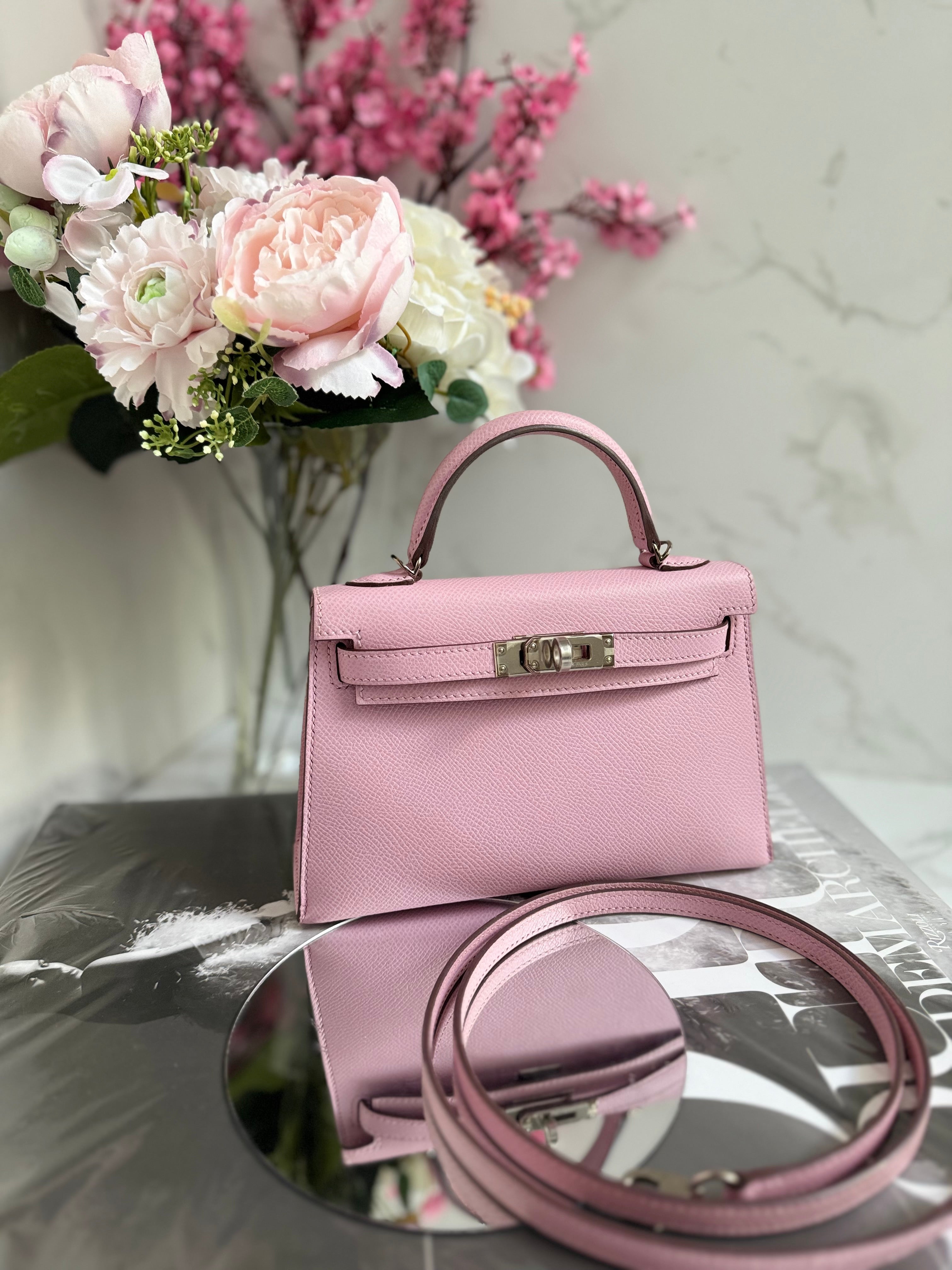 Hermes Mini Kelly Mauve Sylvestre epsom Palladium Hardware