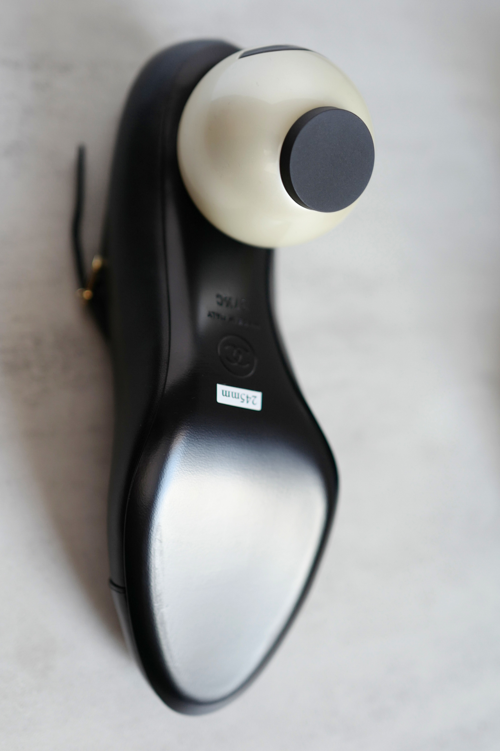 Chanel Mary Jane Black Leather Cap Toe Heels Size 37.5