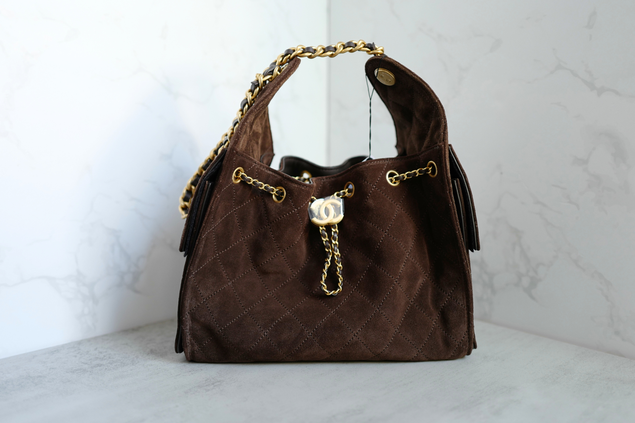 Chanel 25K Small Hobo Bag Dark Brown Suede with Gold Hardware