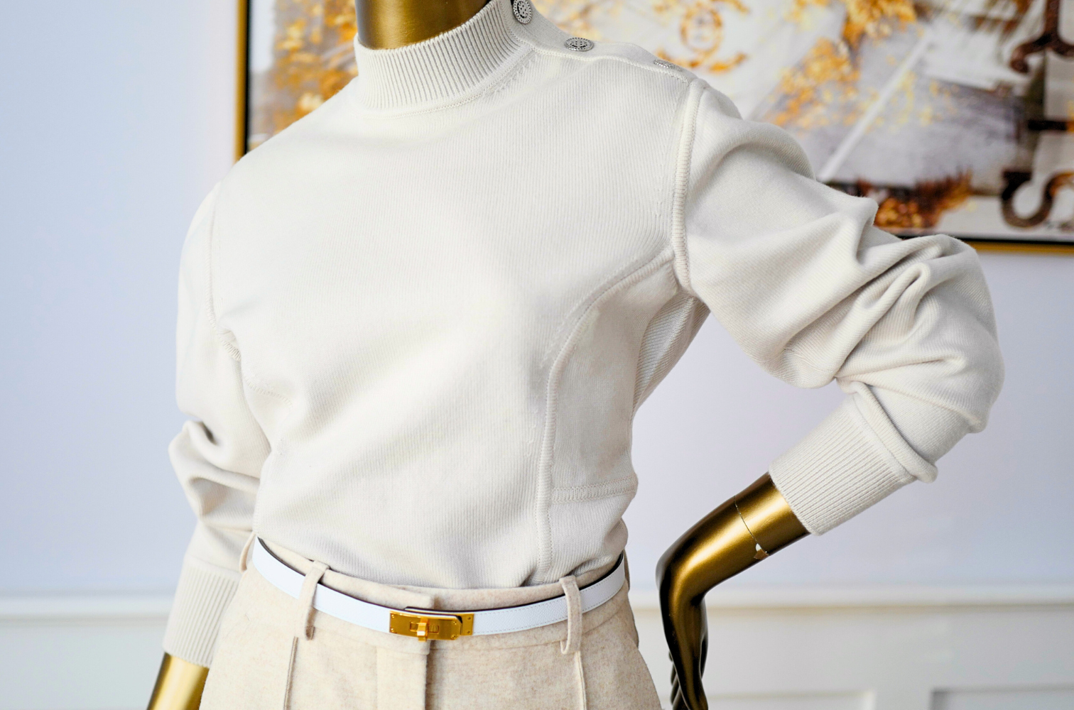 Hermès Sweater with Ferronnerie Button Details Jewel Knit Mock Neck Size 36 Beige Sable