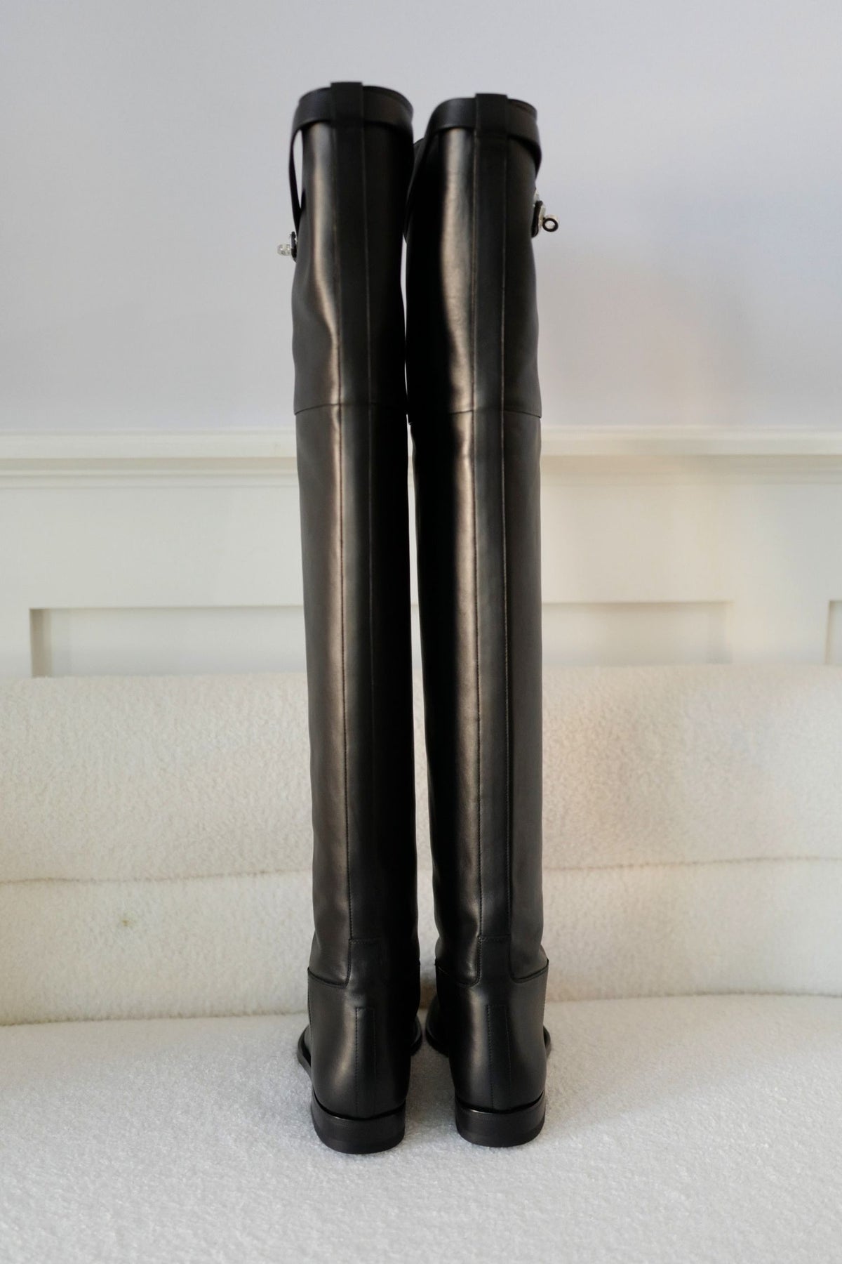 Hermes Thigh High Boots Noir Calfskin Palladium Kelly Buckle Size 38