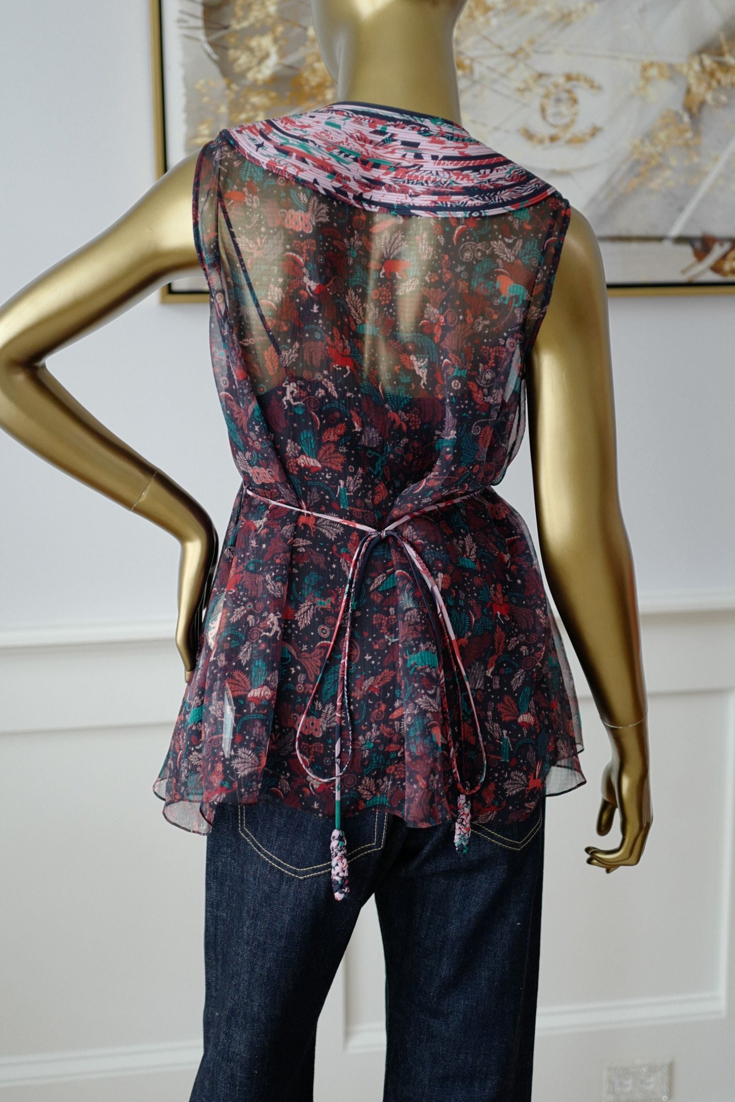 Hermes Silk Blouse Ennobli A Plastron Ox Bleu Marin Sleeveless 36 NEW Two Pcs