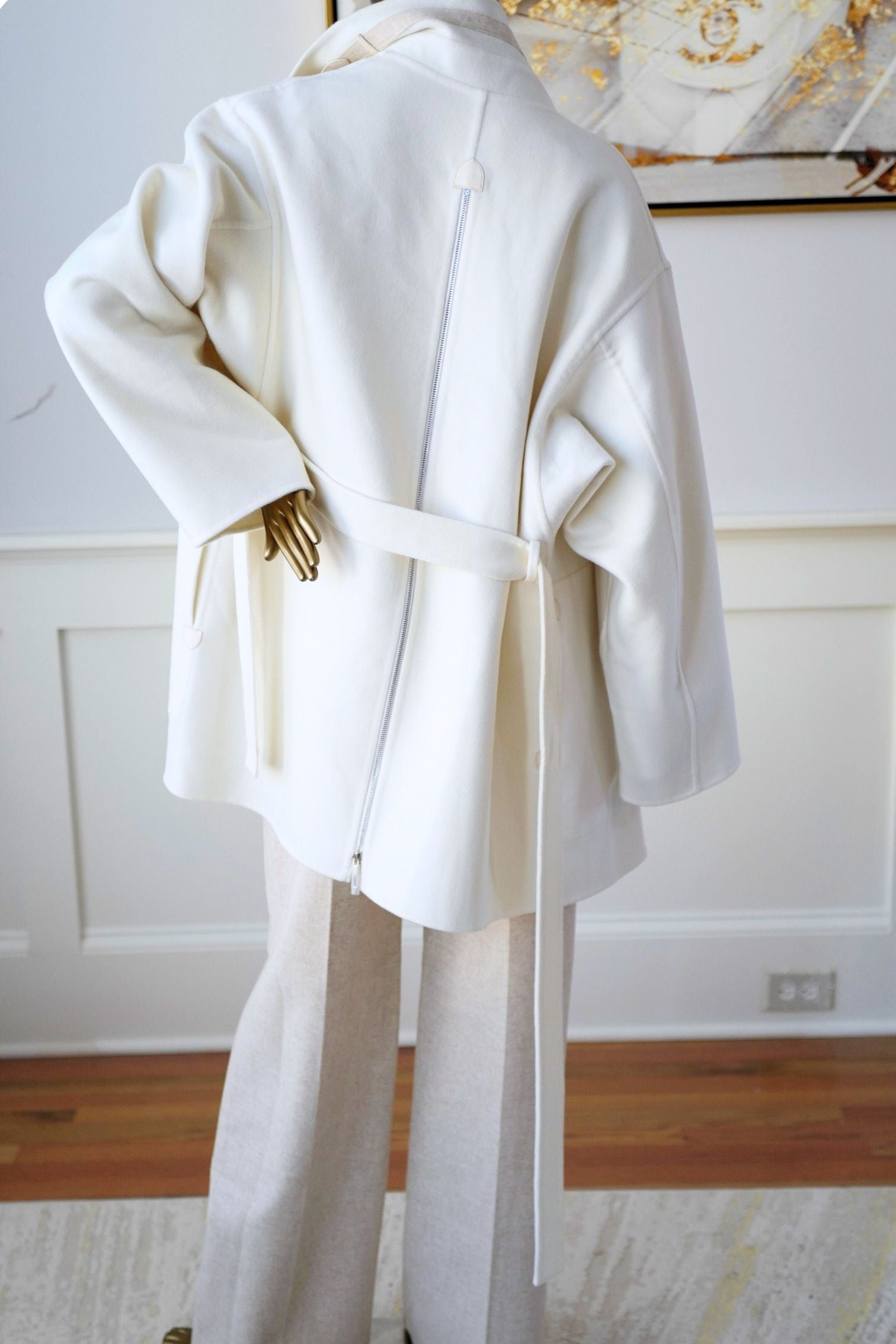 Hermès Double-Face Cashmere Coat with Felt & Leather Details in Natural White Size 34