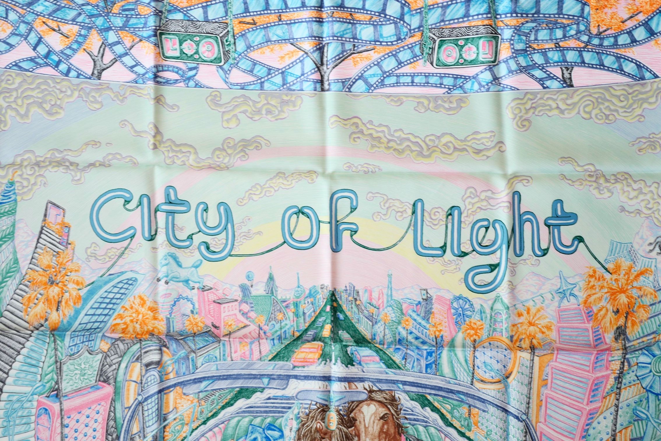 Hermès City of Light Scarf Bleu Jean/Rose/ Vert Véronèse 100% Silk 90