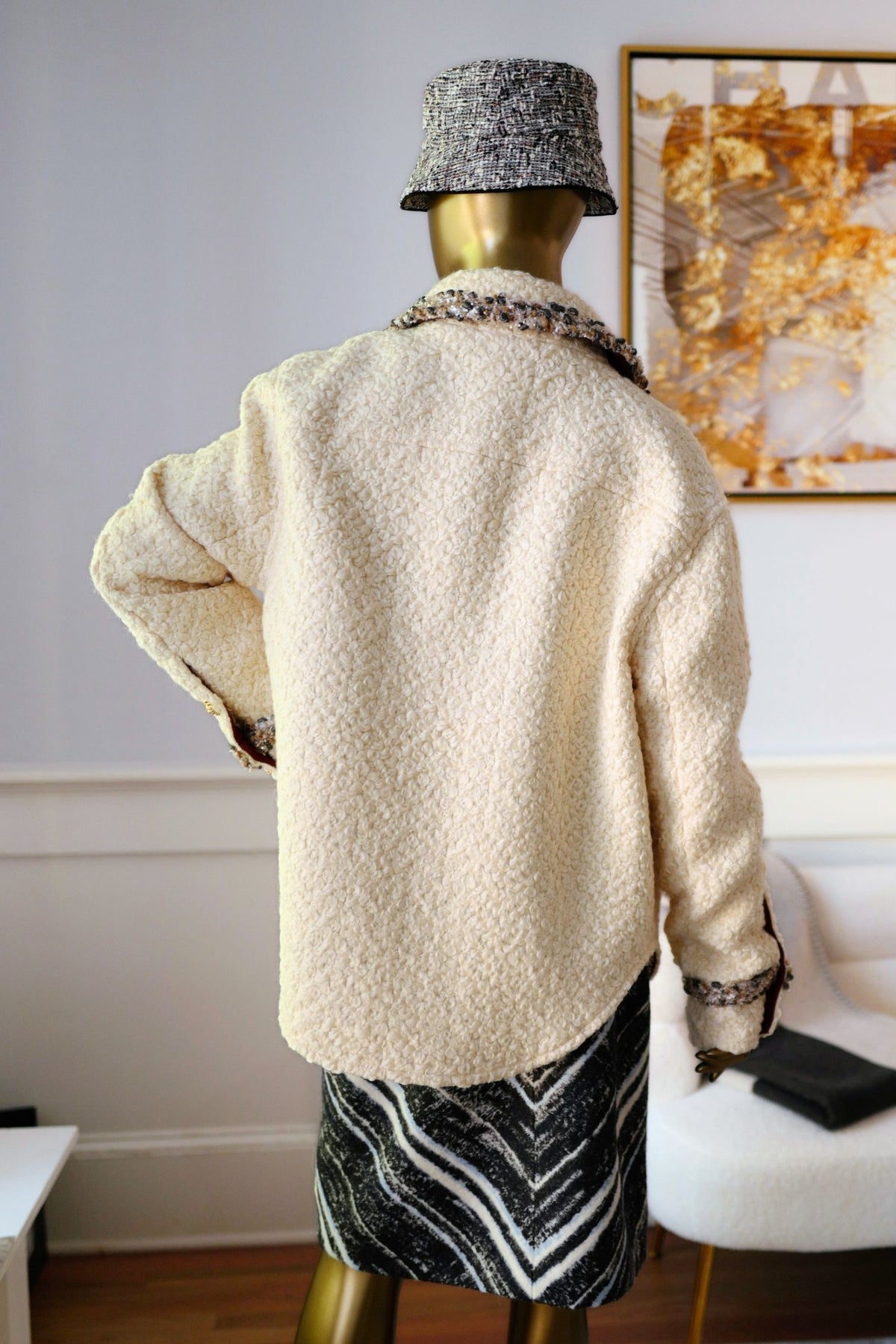 NEW Chanel 26K Oversized Jacket Wool String with Silk Lining Beige Size 36