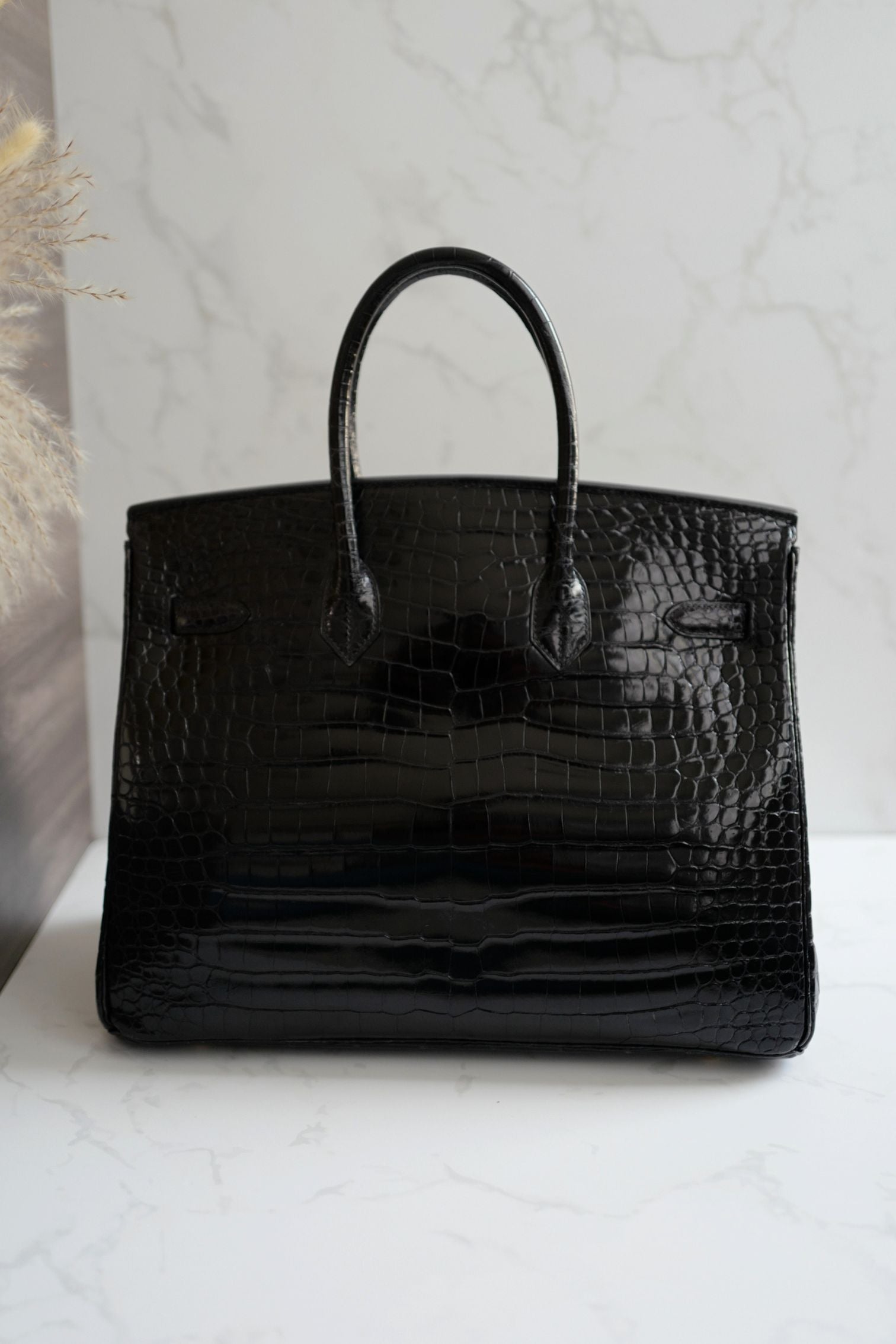 Hermès Birkin 35 Black Shiny Porosus Crocodile Gold HW #D Preowned Condition