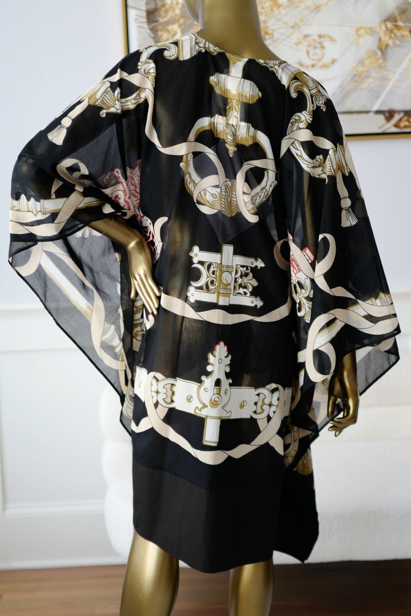 Hermès Woman Beach Caftan "Ferronnerie Remix" in Noir Cotton Voile One Size