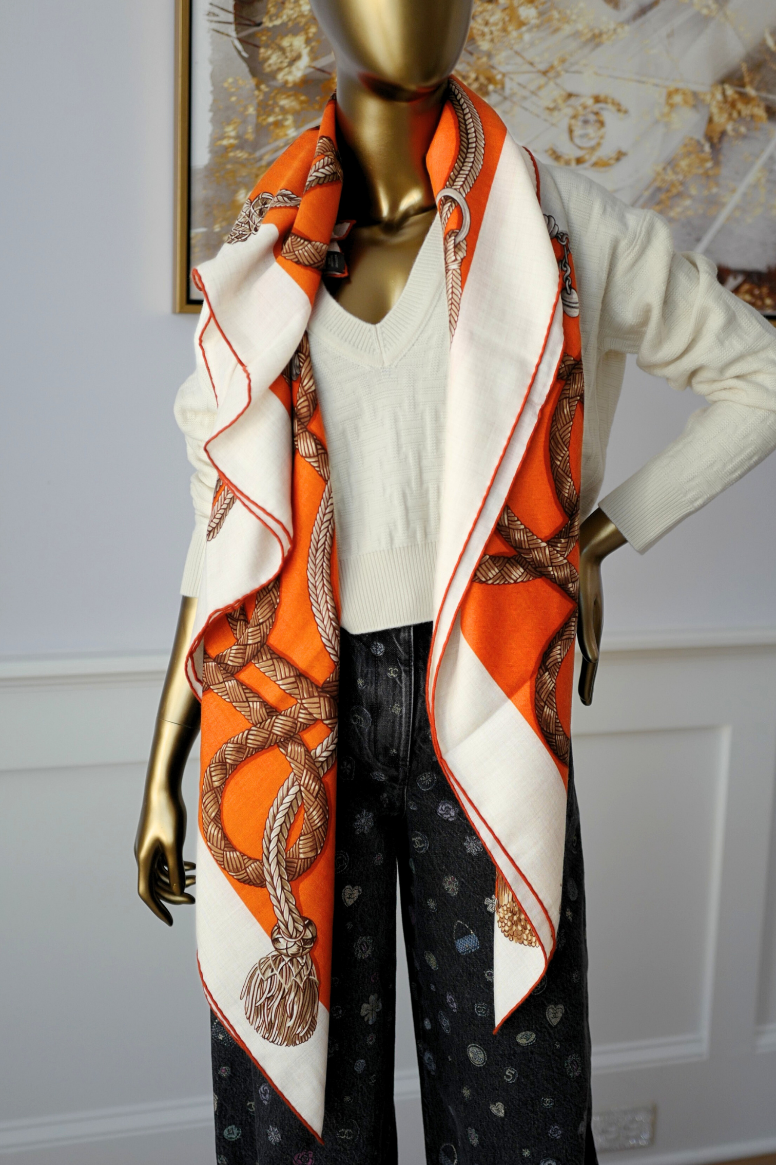 Hermès Palefroi Shawl 140 Cashmere Silk – Naturel / Orange Cuit / Cannelle