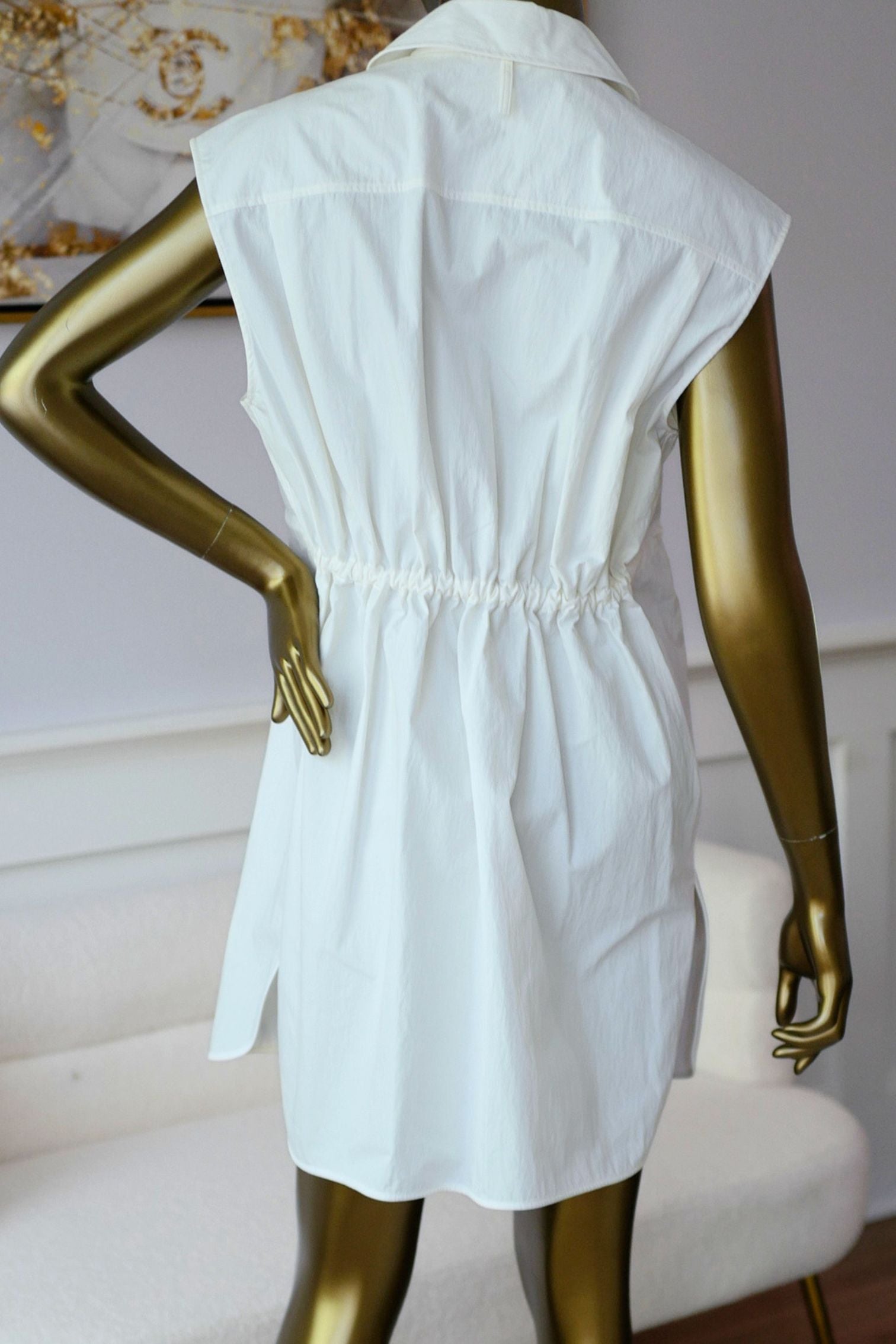 Hermès Chemise Coulissée Sans Manches Blanc Cassé Technical Cotton Size 36