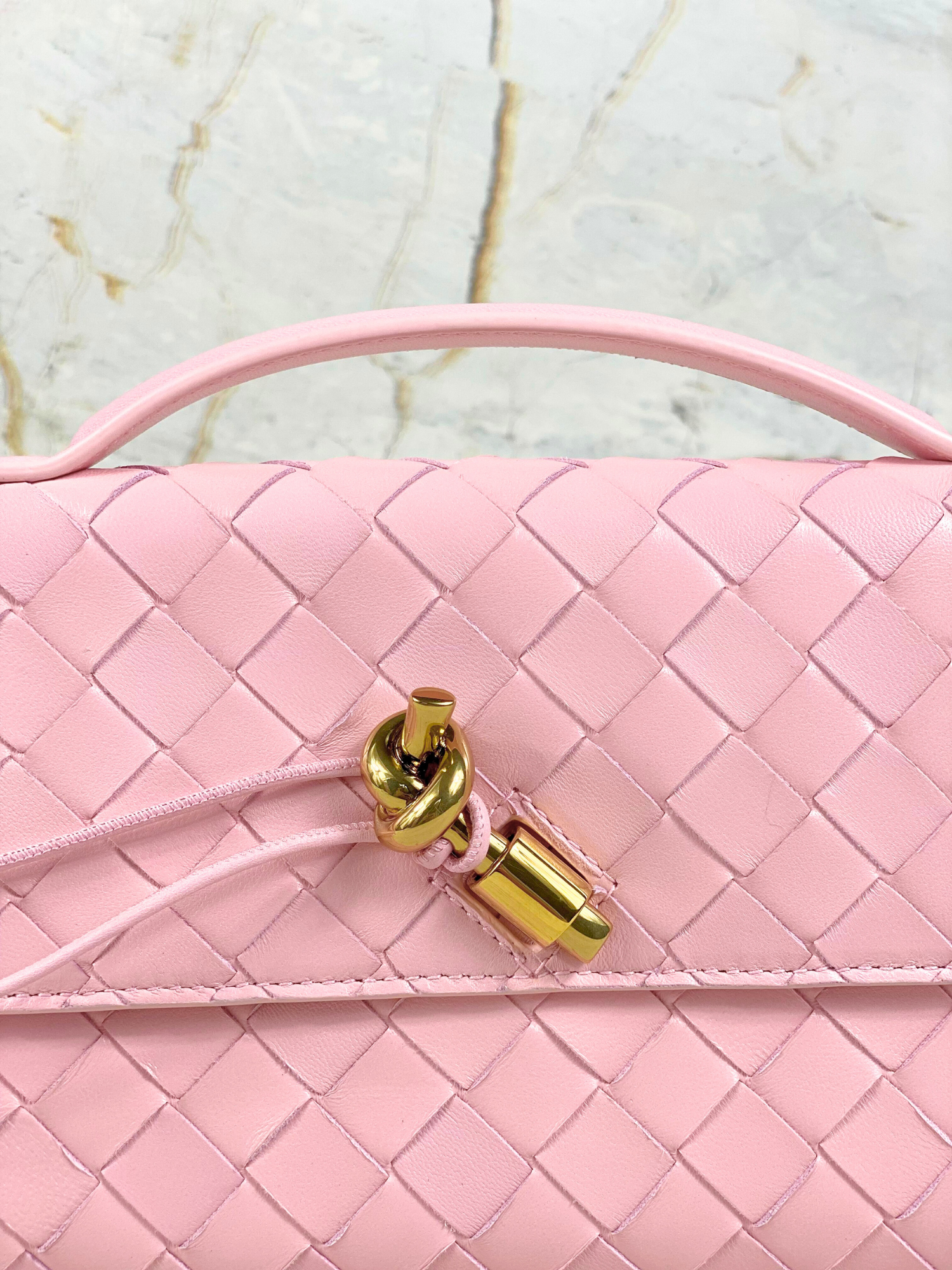 New Bottega Veneta Andiamo Clutch with Handle in Rose