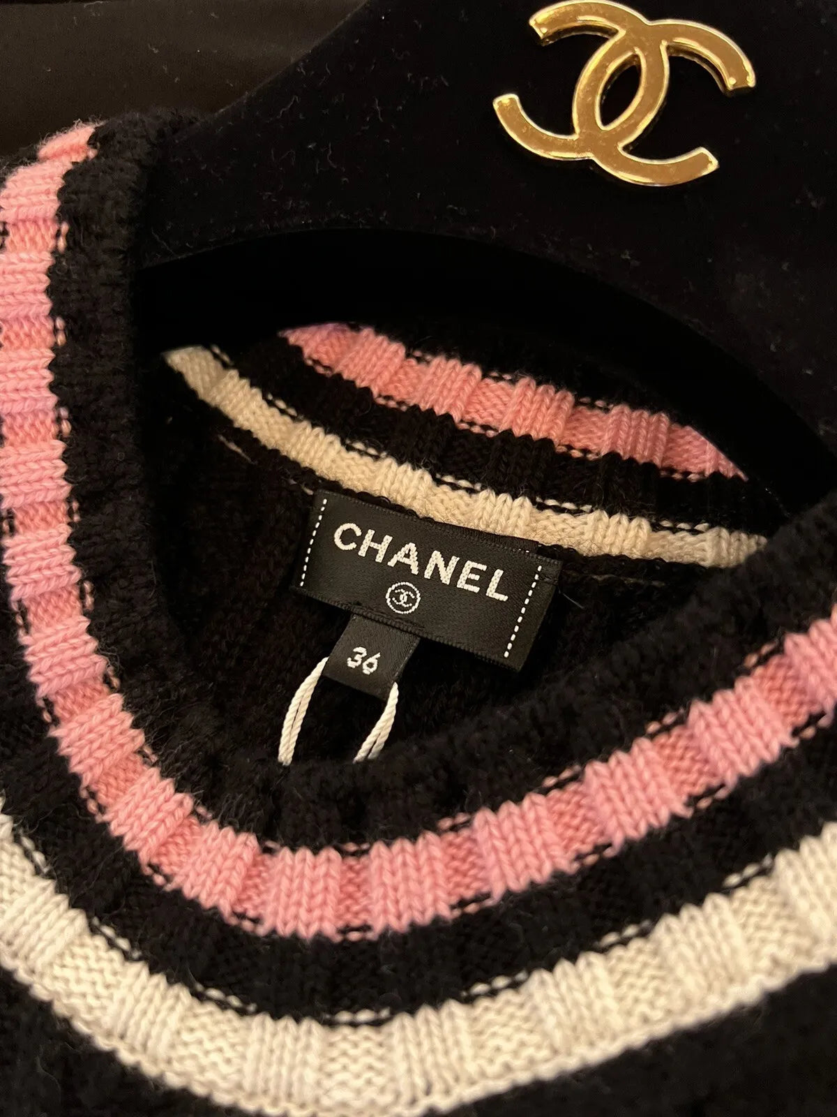 Chanel 23P RTW Tennis Knit Dress in Black, Pink and Ecru Strip Details 36