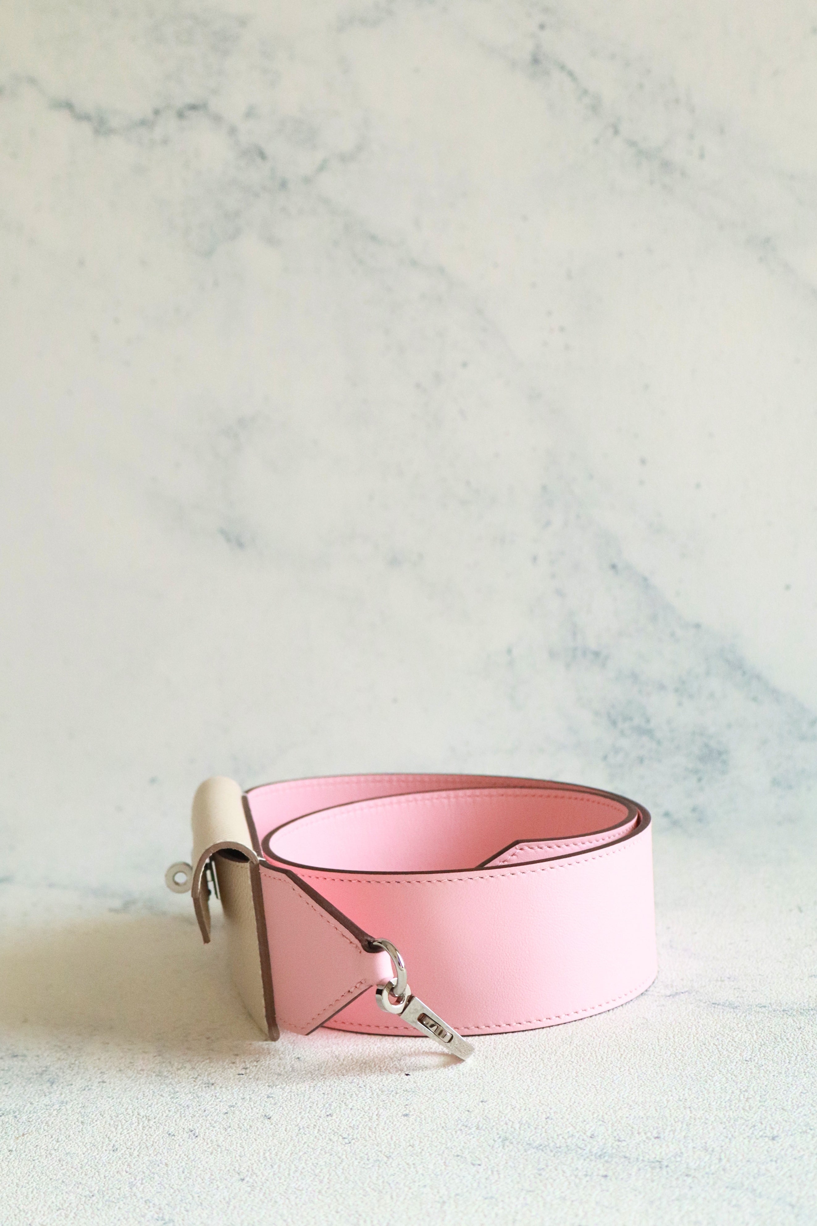 NEW Hermes Kelly Pocket Bag Strap Rose Sakura/Craie Swift Epsom Calfskin 85 cm