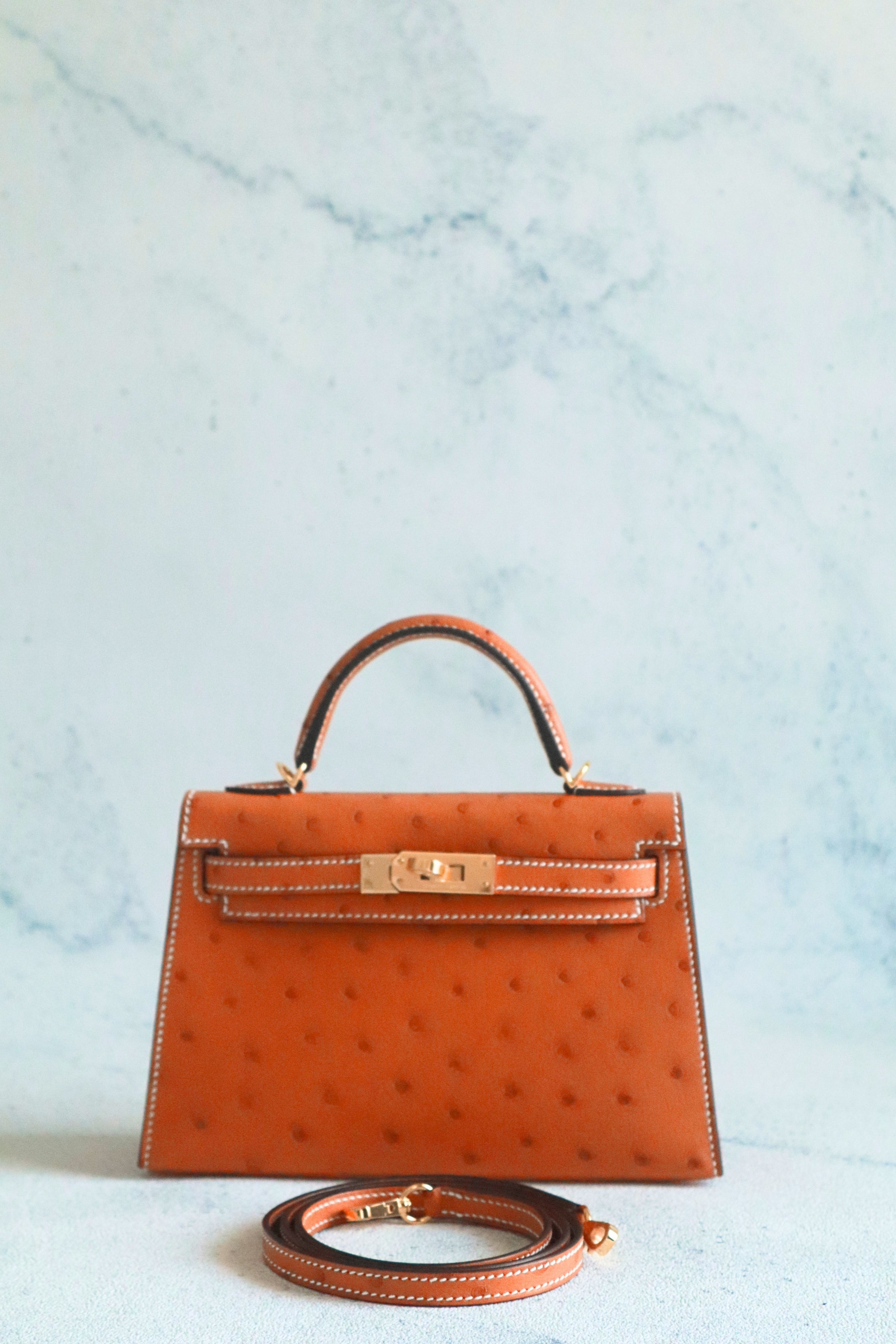 BNIB Hermes Mini Kelly HSS Cognac Ostrich with Craie Stitching GHW G Stamp 2026