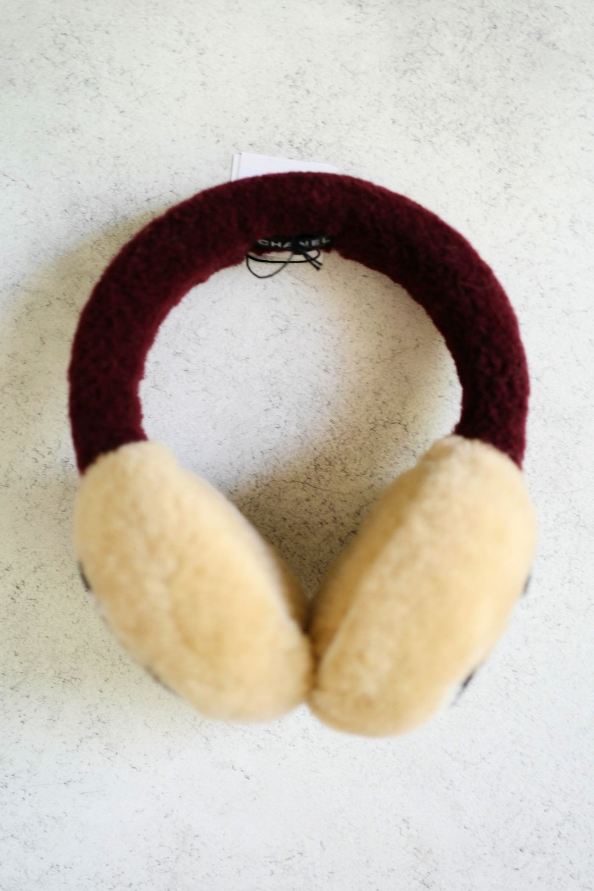 NEW Chanel 26N Coco Neige Earmuffs CC Logo Lamb Shearling in Beige and Burgundy