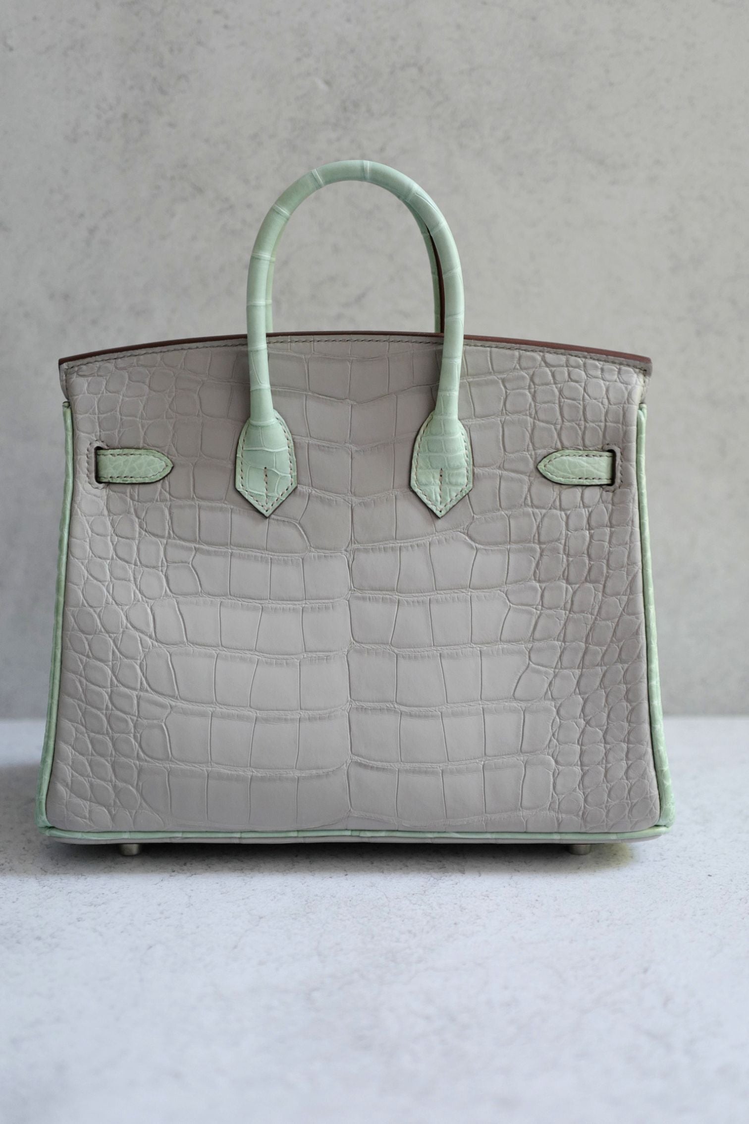 Hermès Birkin 25 HSS Gris Perle Vert D'eau Matte Crocodile Brushed PHW