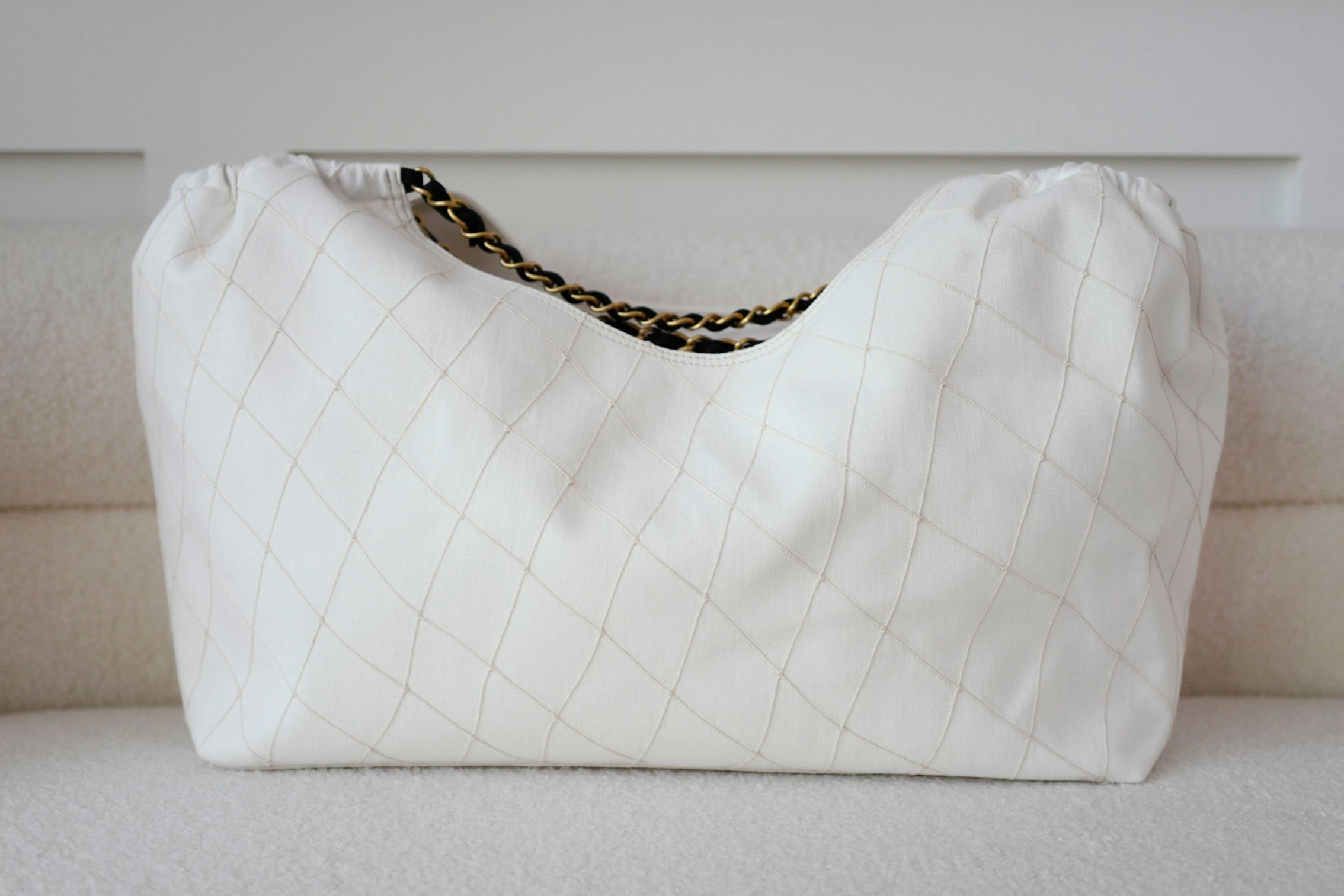 Chanel 26M Coco Beach Small Tote White Black Denim Calfskin Gold Hardware